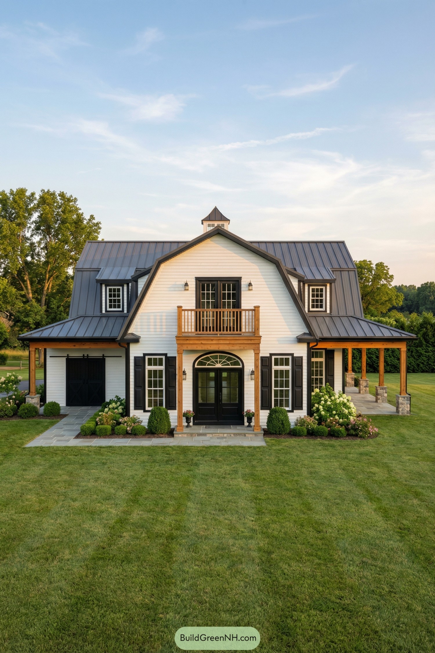 White colonial barndominium with balcony and wraparound timber porch