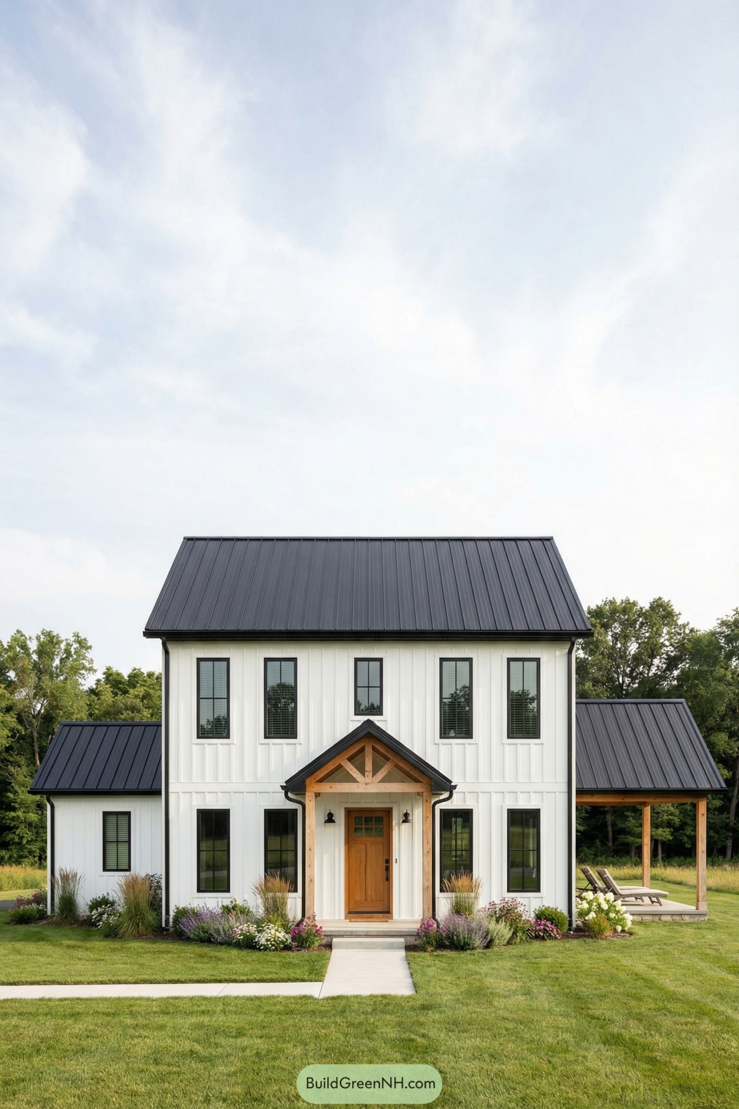 White two-story barndominium with black roof