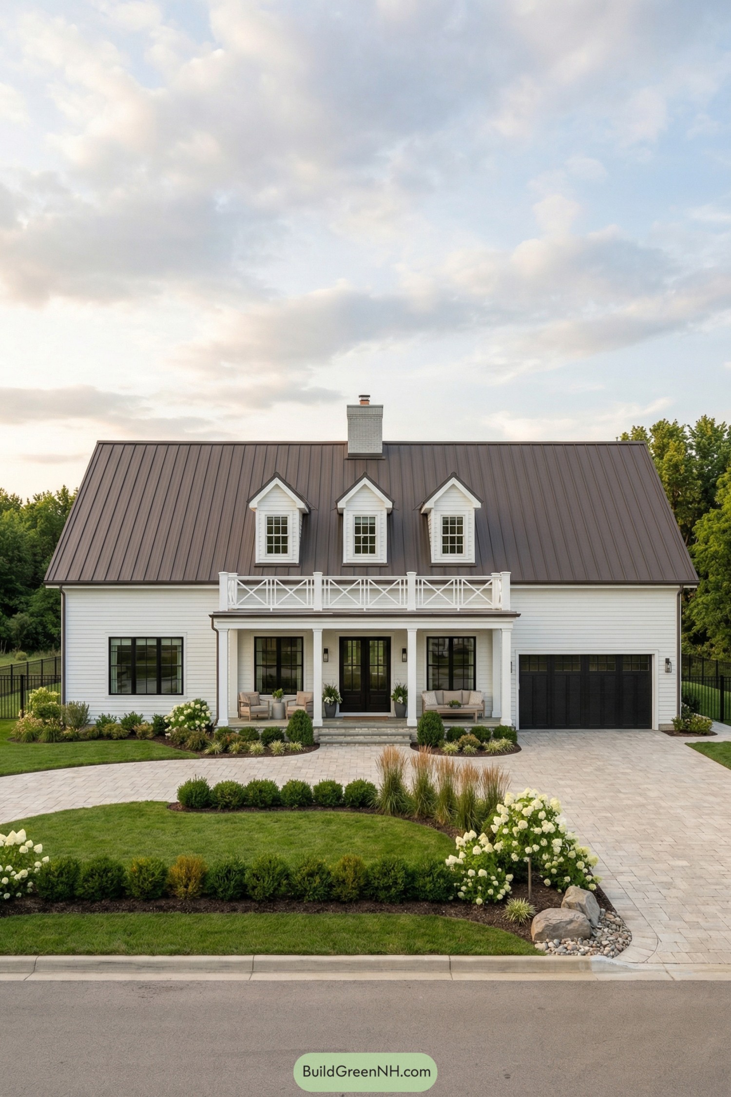 White colonial style barndominium with metal roof and double front porch