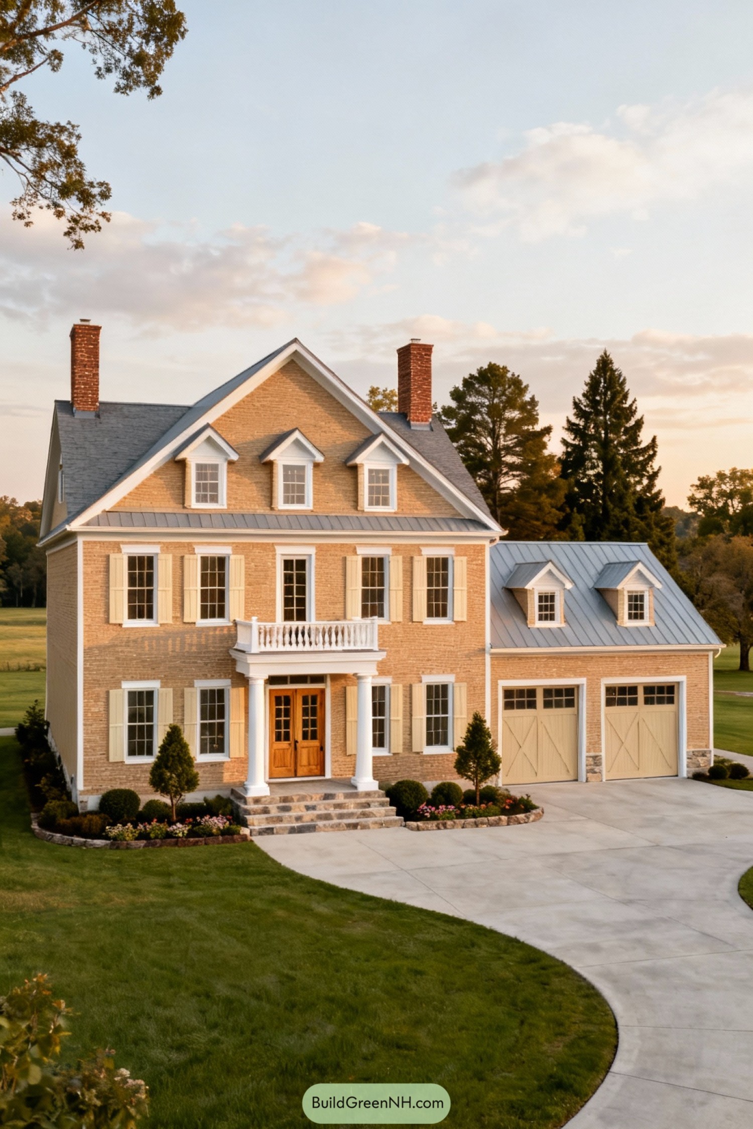 Warm brick colonial home with attached barn style garage and landscaped front yard
