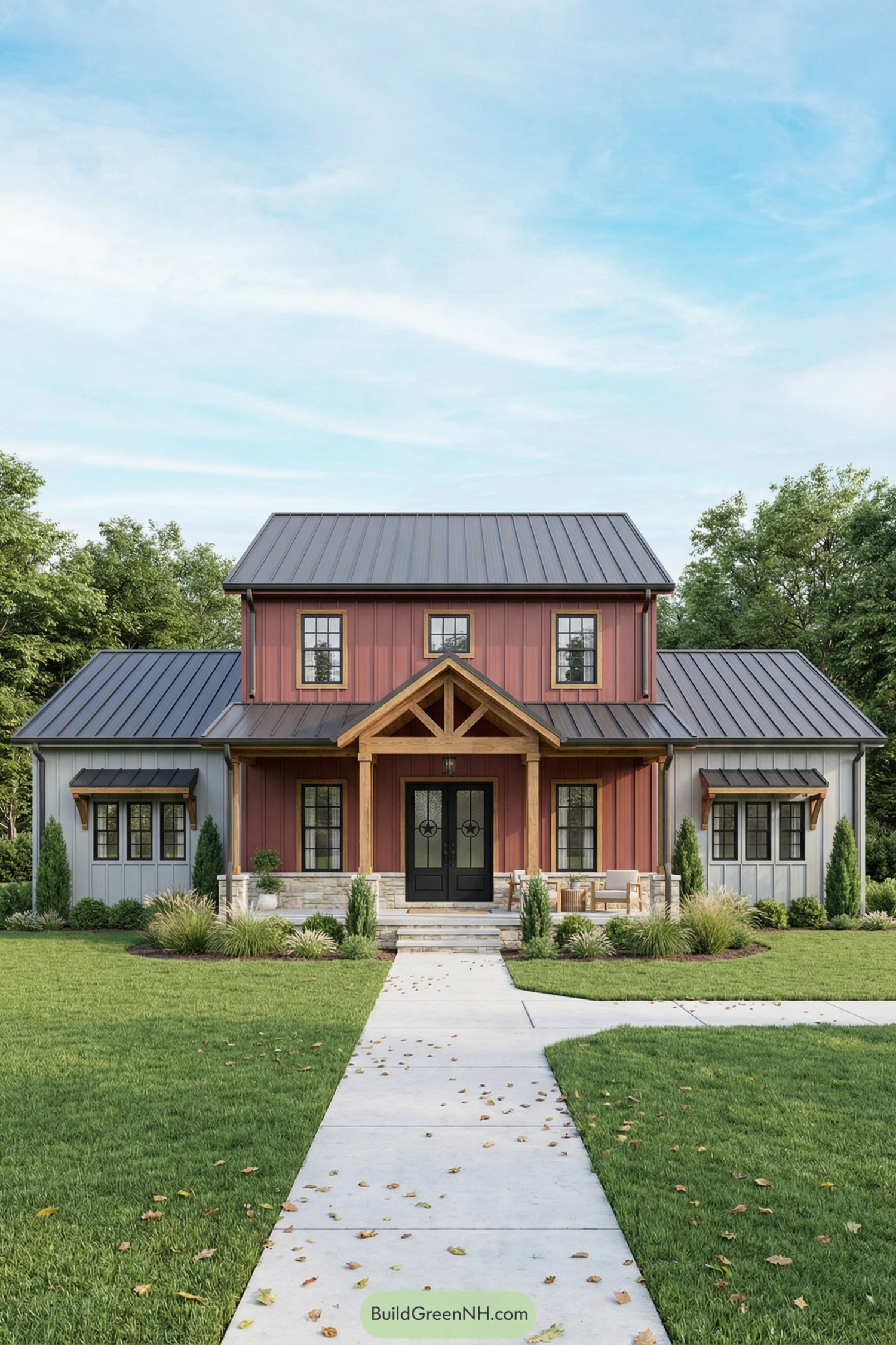 high-res photo of Colonial Style Barndominium, symmetrical front-facing two-story central block with balanced single-story side wings, Colonial-inspired facade with simple trim and centered covered porch, main volume in muted barn-red vertical metal siding with warm natural wood board accents and light stone wainscoting, side wings in light gray vertical metal siding, rectangular elongated massing with clean gable ends, dark charcoal standing-seam metal gable roofs on all volumes with moderate overhangs and simple gutters, evenly spaced black-framed multi-pane colonial grid windows on both floors, side-wing windows grouped in threes under small shed metal awnings with timber brackets, centered double entry door in black metal with divided glass panels and subtle star medallion details, deep front porch with heavy timber gabled portico, exposed wood trusses and square wood posts on stone bases, simple stone steps and pale concrete walkway leading straight from foreground toward porch and branching slightly, minimal contemporary porch furniture in natural wood, lush manicured lawn with curved planting beds, ornamental grasses, low shrubs, and a few taller columnar evergreens framing the facade, scattered fallen leaves on the path and grass, mature leafy trees forming a dense green backdrop around the house under a bright soft-blue sky with light clouds, calm daylight, frontal ground-level view. single real-life photo, high-resolution, architectural photography, soft lighting, cinematic composition, strictly no collages