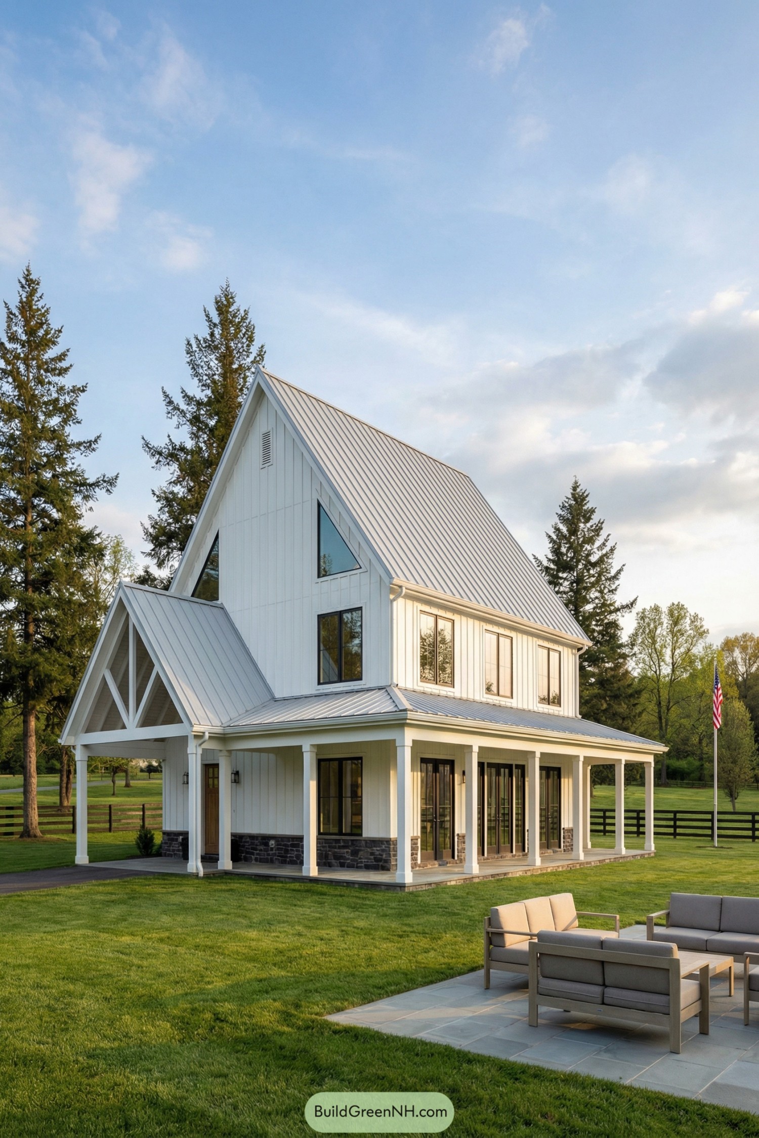 Modern white farmhouse barndominium with wraparound porch