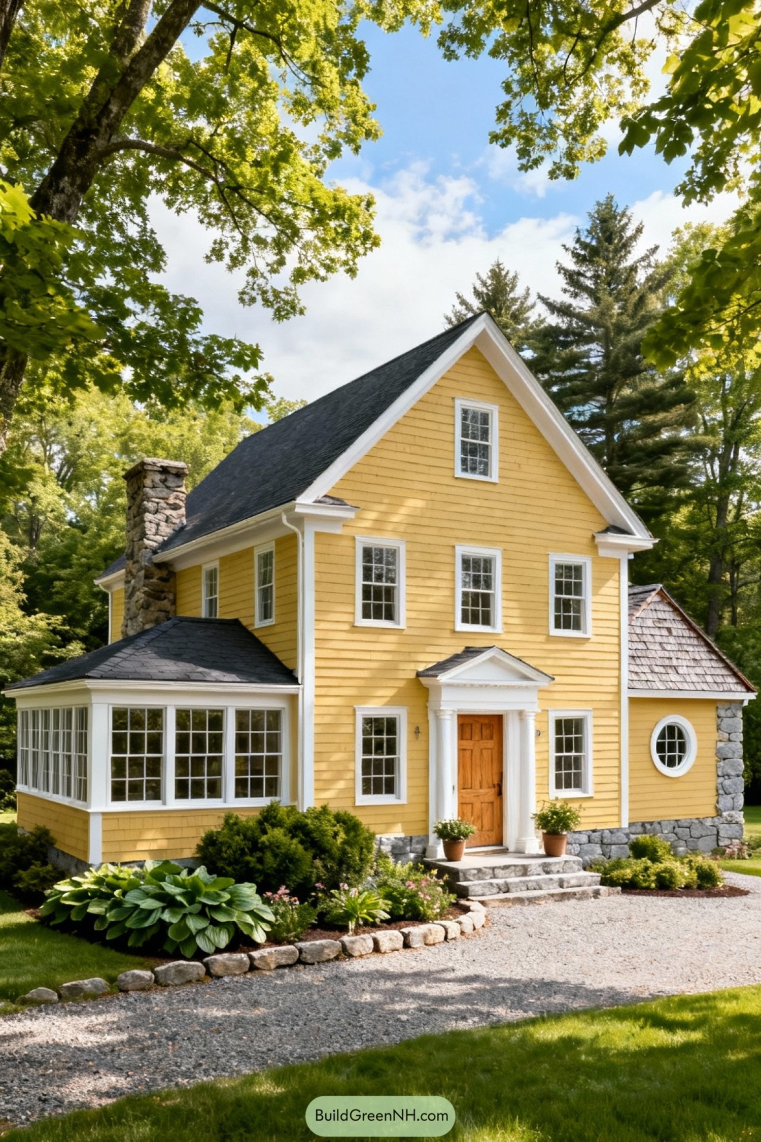 Yellow colonial home with stone details