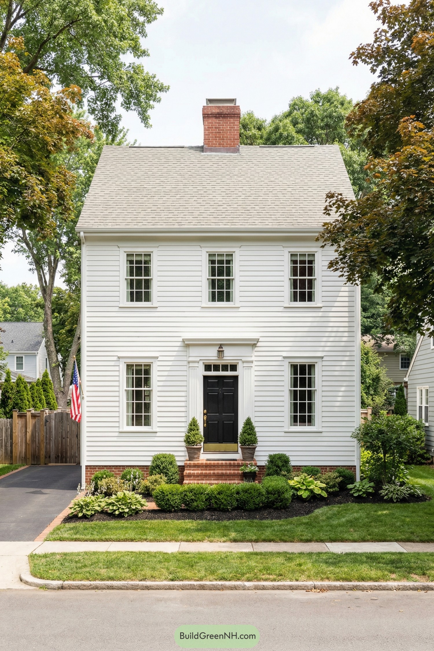 White colonial house with black front door