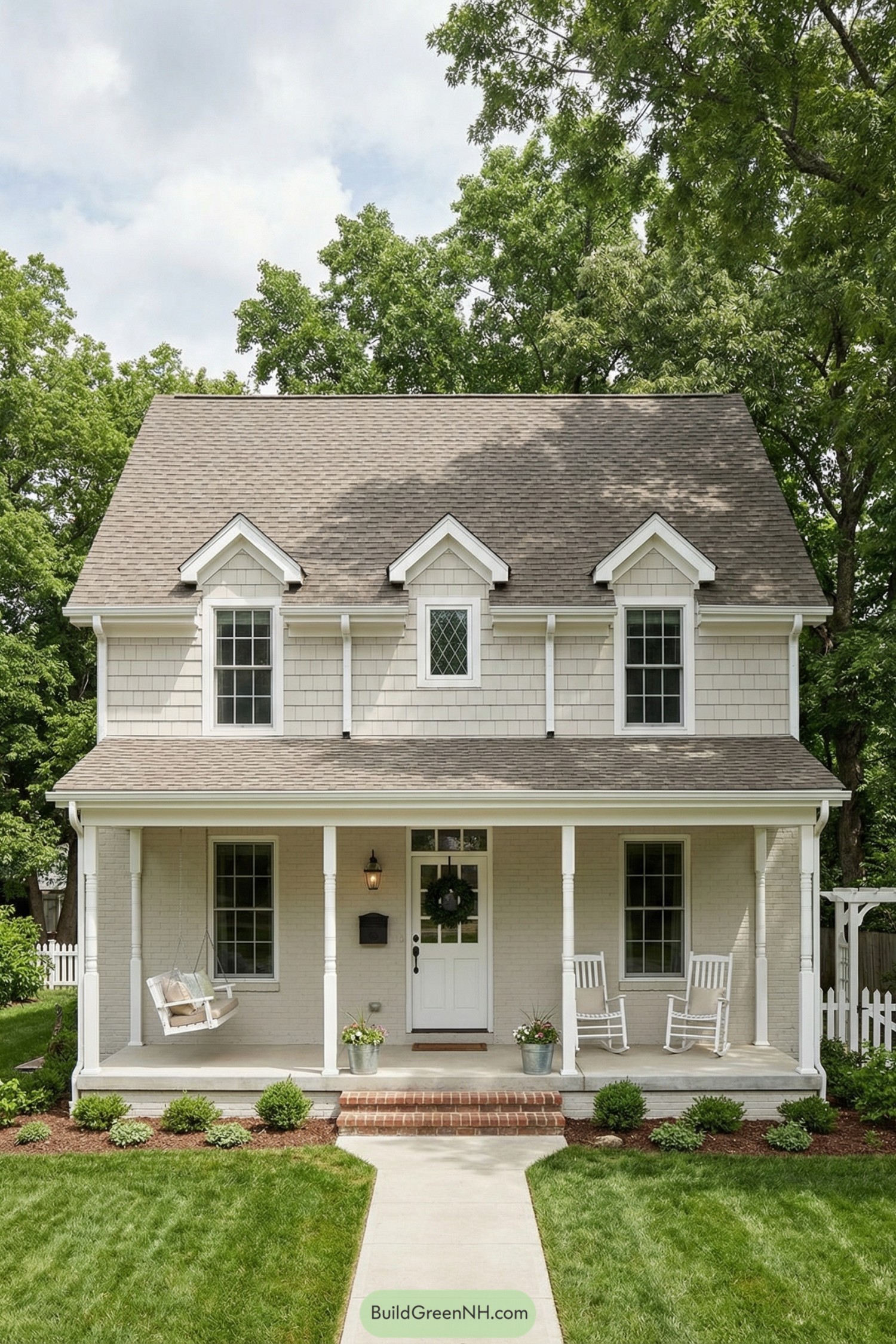 Cream brick colonial house with a front porch and dormer windows