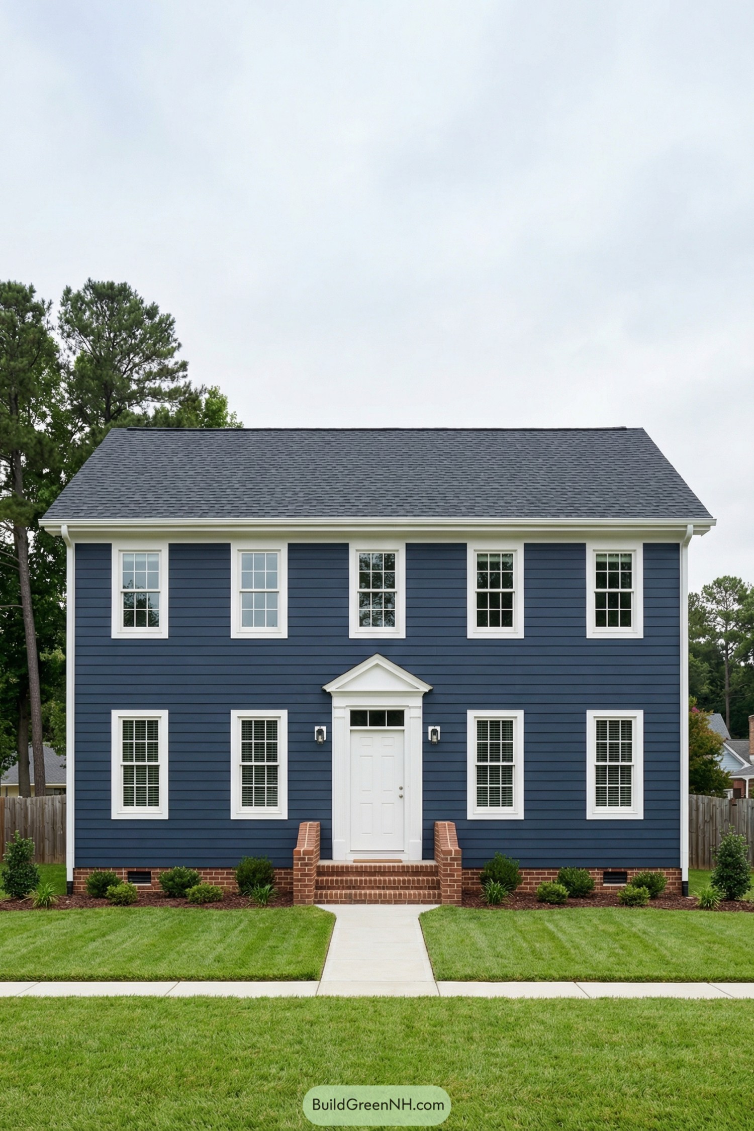 Two story navy blue colonial house with white trim and brick foundation