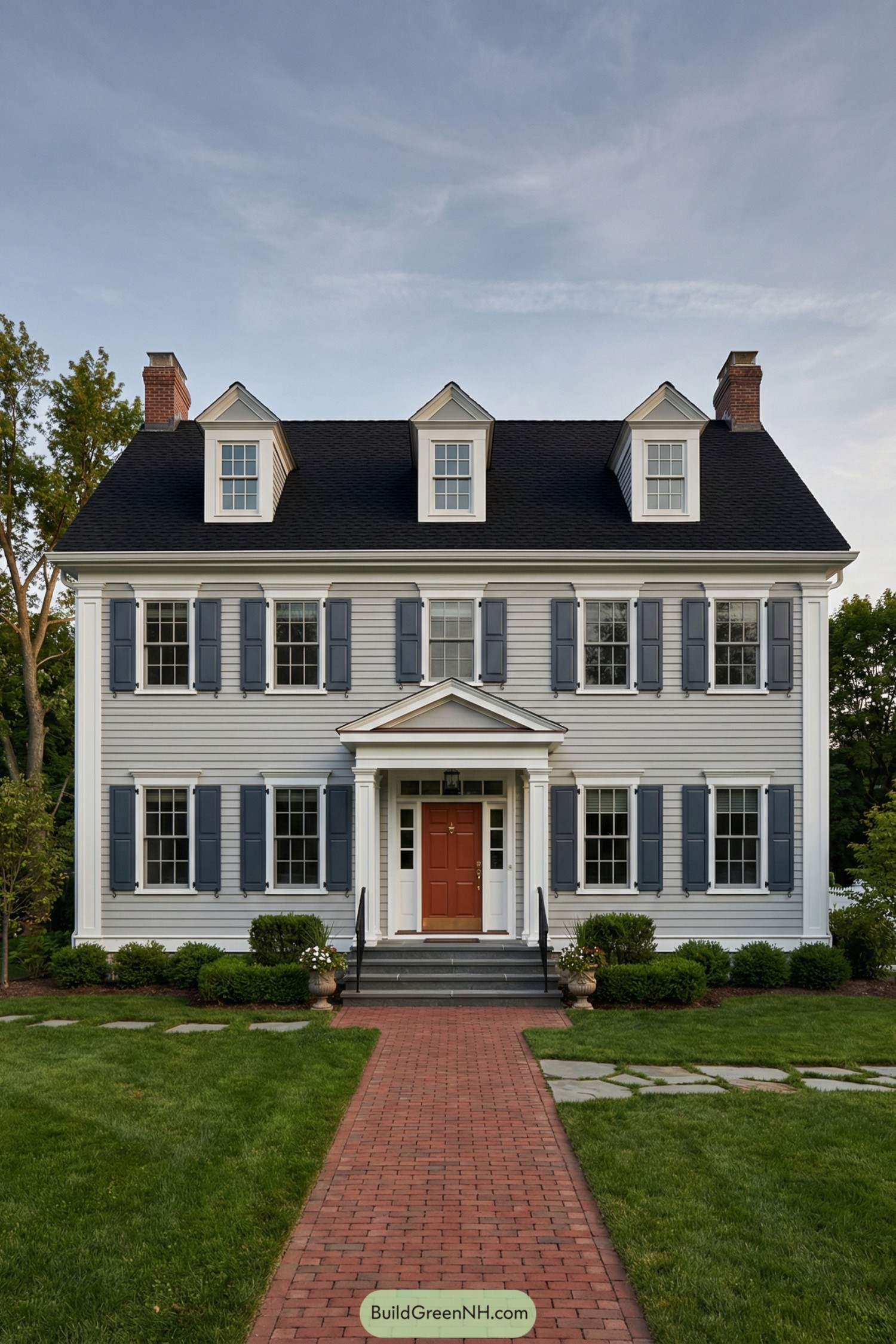 Gray colonial house with blue shutters and red front door
