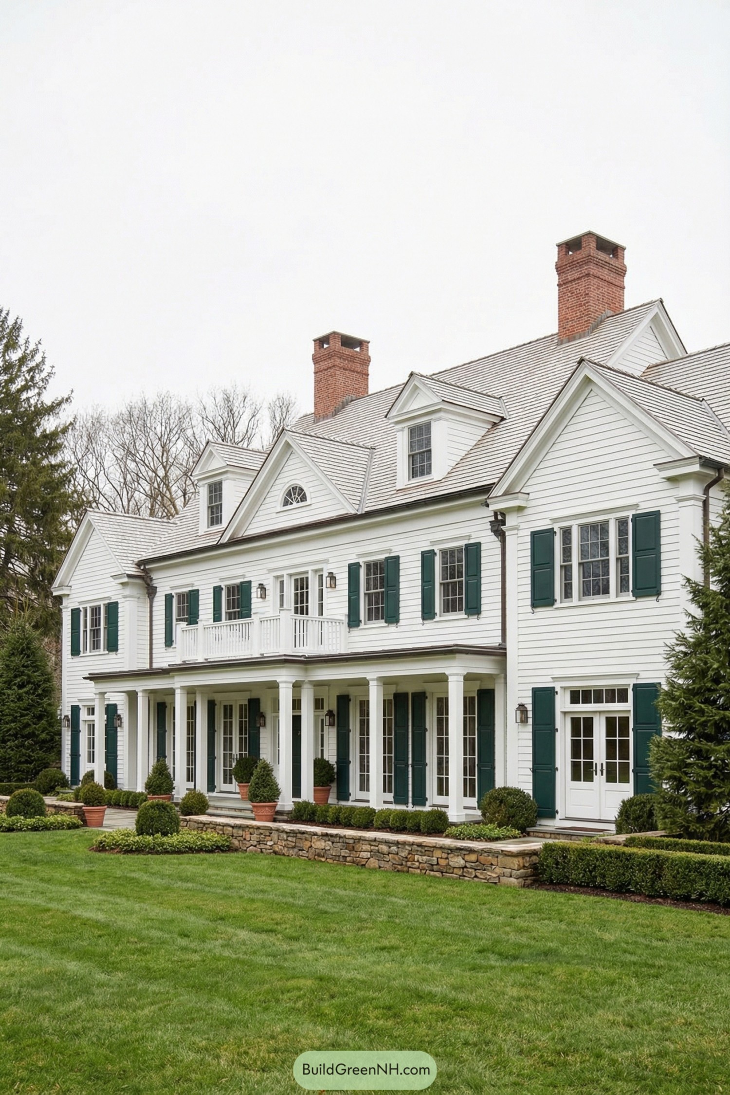 Classic white Colonial home with dark green shutters, full front porch, and tall brick chimneys above manicured landscaping