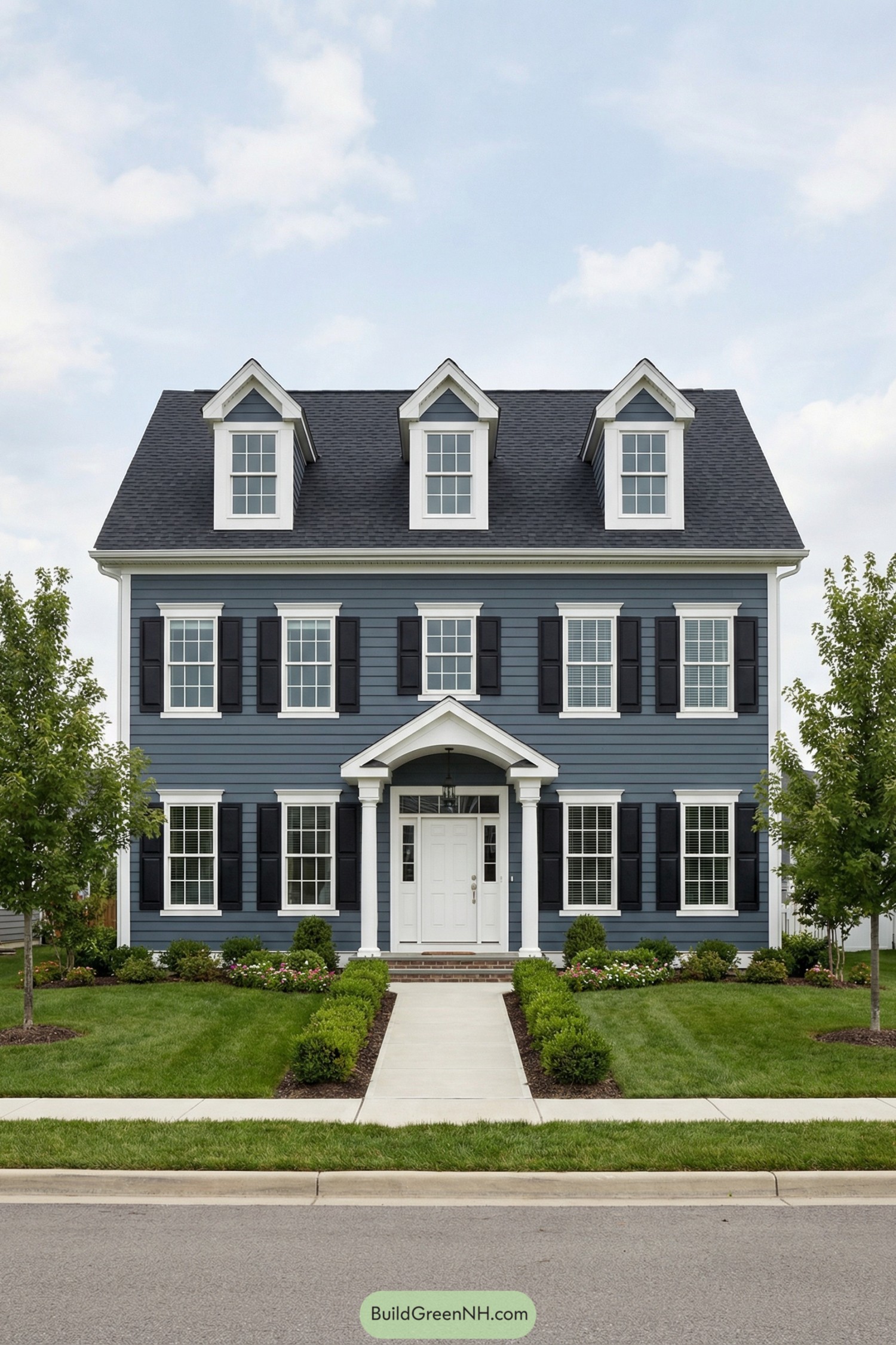 Blue colonial house with white trim black shutters and neat front lawn