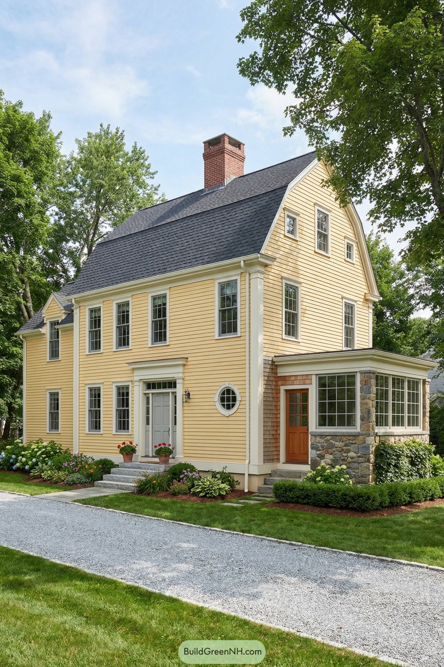 high-res photo of Colonial Style House Colors, symmetrical Colonial farmhouse facade with gambrel roof main volume and two-story side wing, narrow horizontal wood clapboard siding, primary color a warm buttery yellow with crisp white trim and corner boards, light gray window sashes and mullions, soft beige foundation; rectangular massing with balanced proportions, steep roof pitches, modest overhangs; materials include painted wood siding, natural fieldstone base on side sunroom, cedar shingle accent wall by secondary entry, concrete or stone front steps; dark charcoal gray asphalt shingle roofing with simple eaves, central red brick chimney; tall double-hung multi-pane windows in even rows, white shutters absent, large grid-pane sunroom windows along one side supported by stone piers, distinctive round porthole-style window with white muntins beside the main door, small attic dormer windows under gambrel; classic Colonial front door centered on projecting bay, paneled light gray door with glass transom and simple white pilasters and entablature, side entry with warm wood door and minimal trim; outdoor area with narrow concrete or stone stoops, potted plants near doors; landscaping with lush green lawn, mixed foundation plantings of shrubs, hostas, and flowering perennials edged in dark mulch, mature trees framing the house, low hedges and climbing greenery softening stone; long straight light-gray gravel driveway leading to the front, bordered by lawn; surrounding environment a verdant suburban or rural setting, dense leafy trees and shrubs enclosing the scene, bright summer daylight, blue sky with light clouds, gentle dappled shadows on facade and ground, overall calm and picture-worthy garden setting; single real-life photo, high-resolution, architectural photography, soft lighting, cinematic composition, strictly no collages.