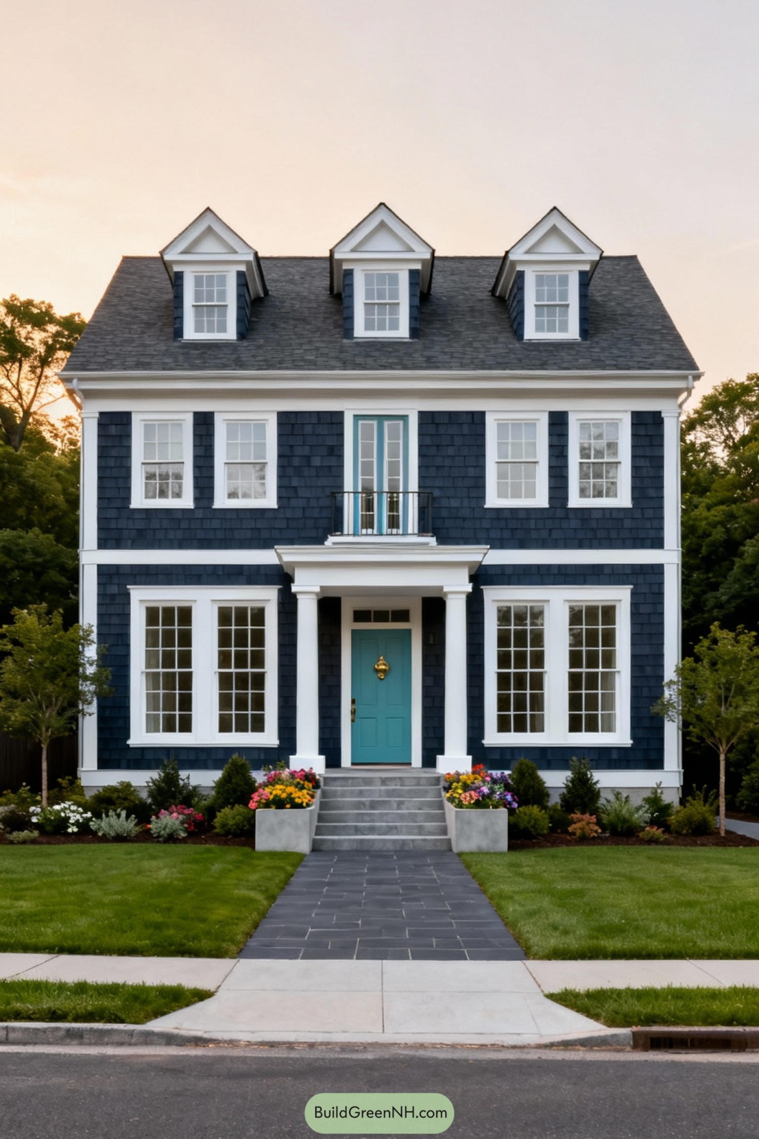 Navy shingle colonial house with teal front door and white trim