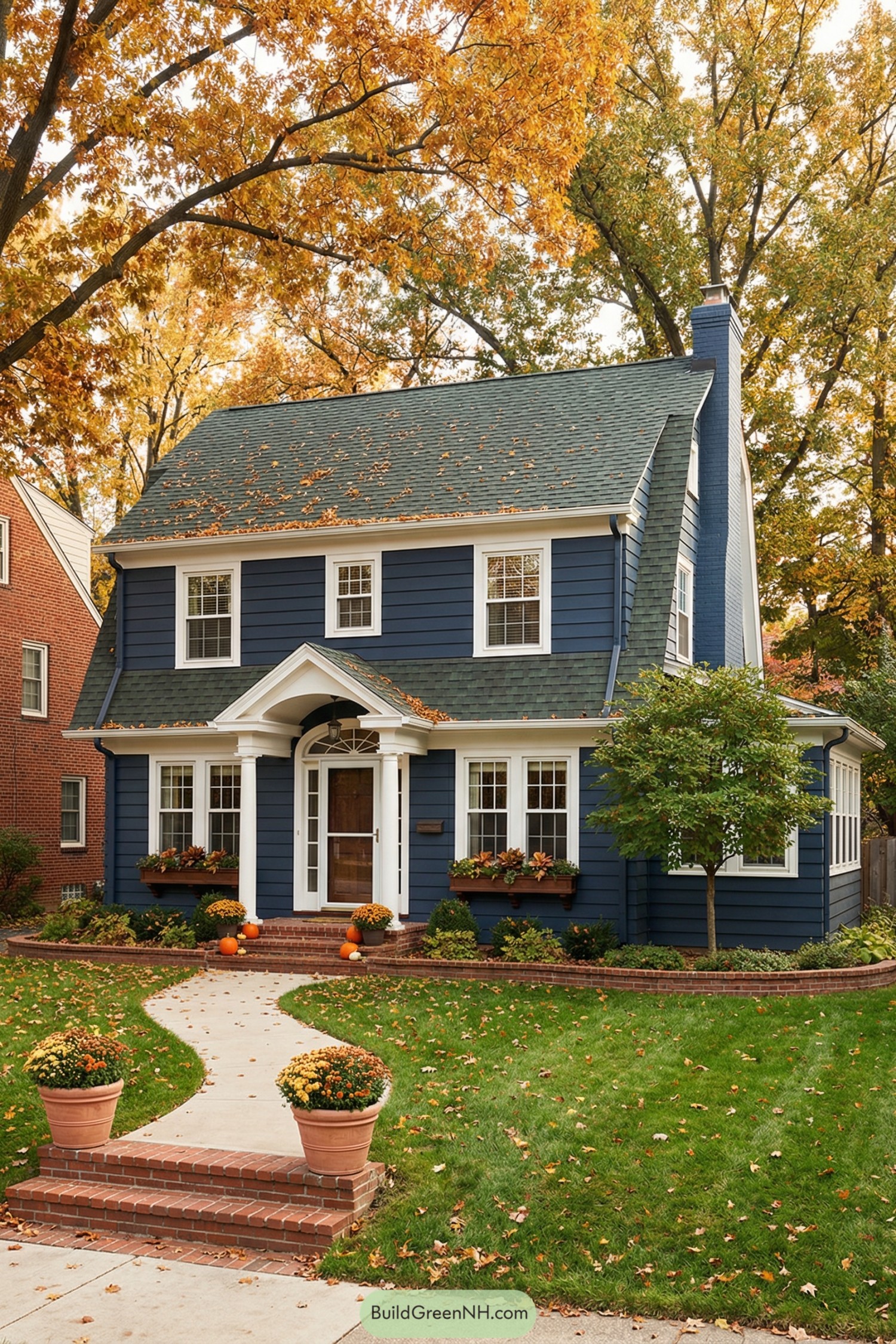 Deep blue colonial house with white trim, green roof, brick walkway, and autumn planters in front yard