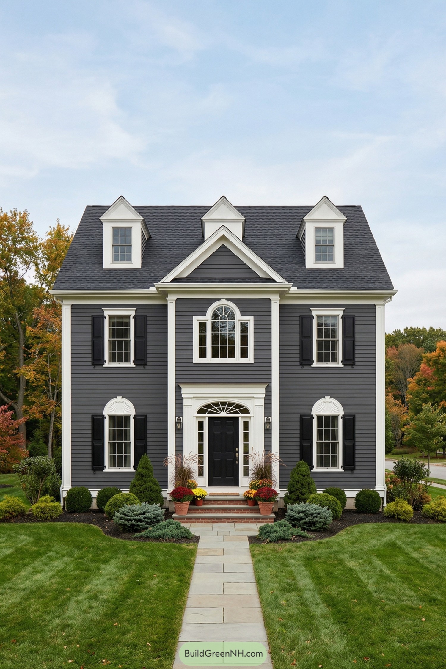 Dark gray colonial house with white trim black shutters and landscaped front path