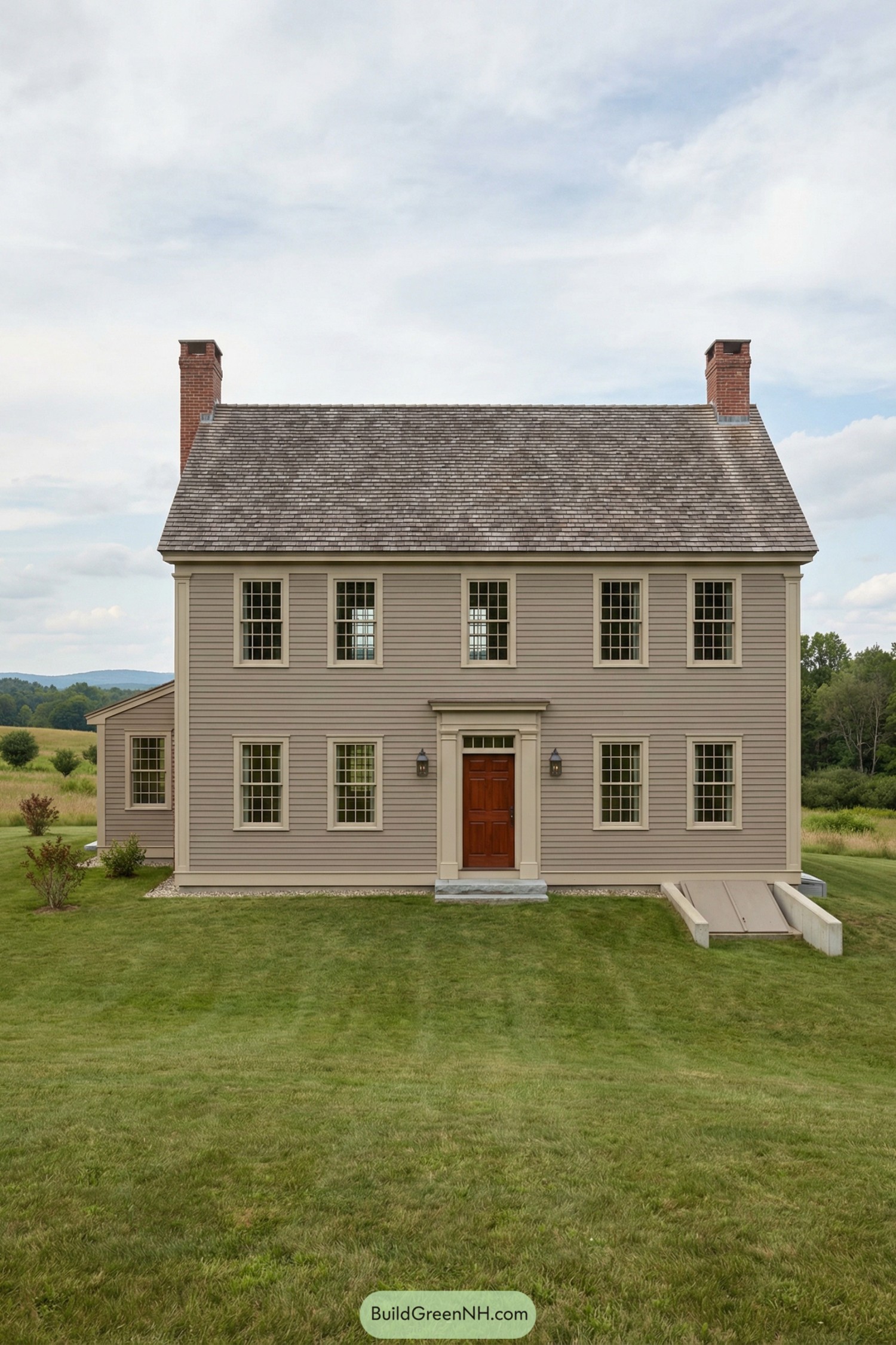 Two-story taupe colonial farmhouse in open green field
