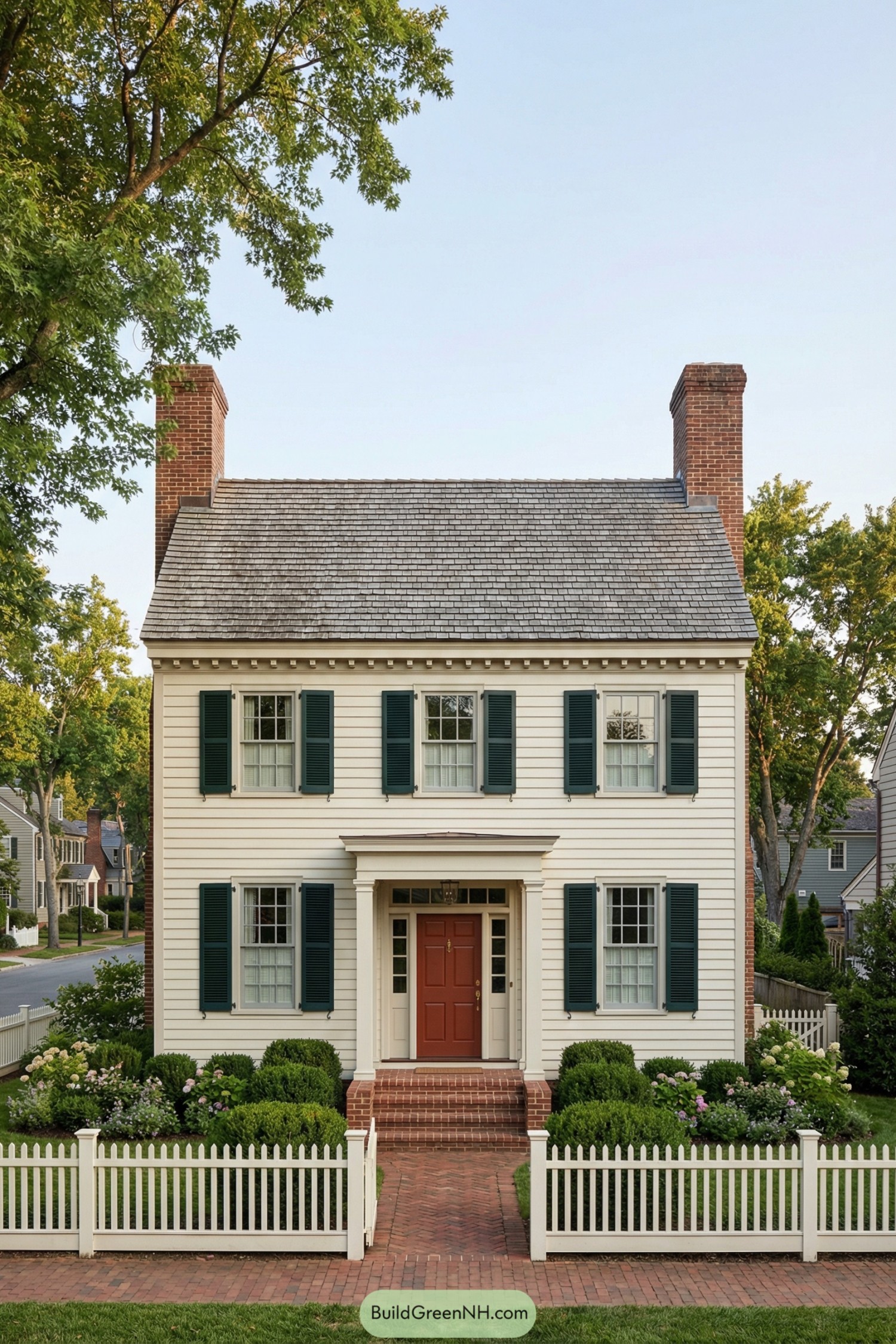 Cream sided colonial home with green shutters red front door brick steps and white picket fence