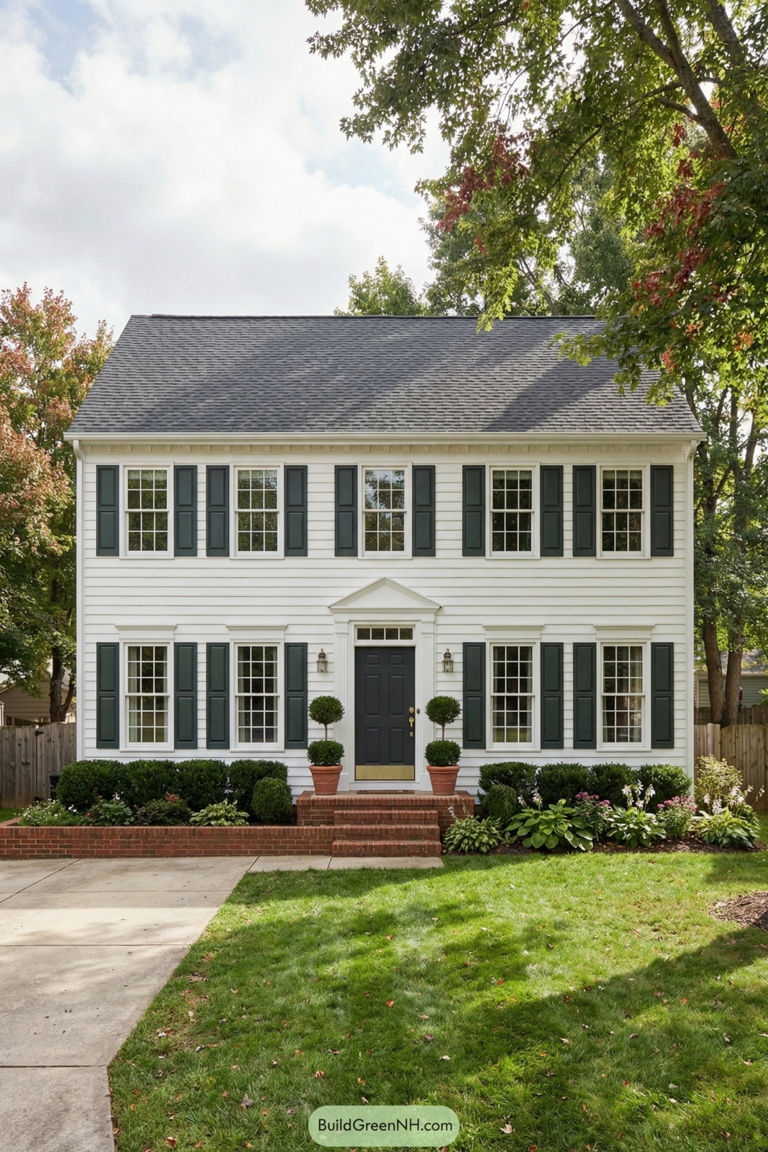 White colonial house with dark shutters and brick entry surrounded by neatly trimmed landscaping