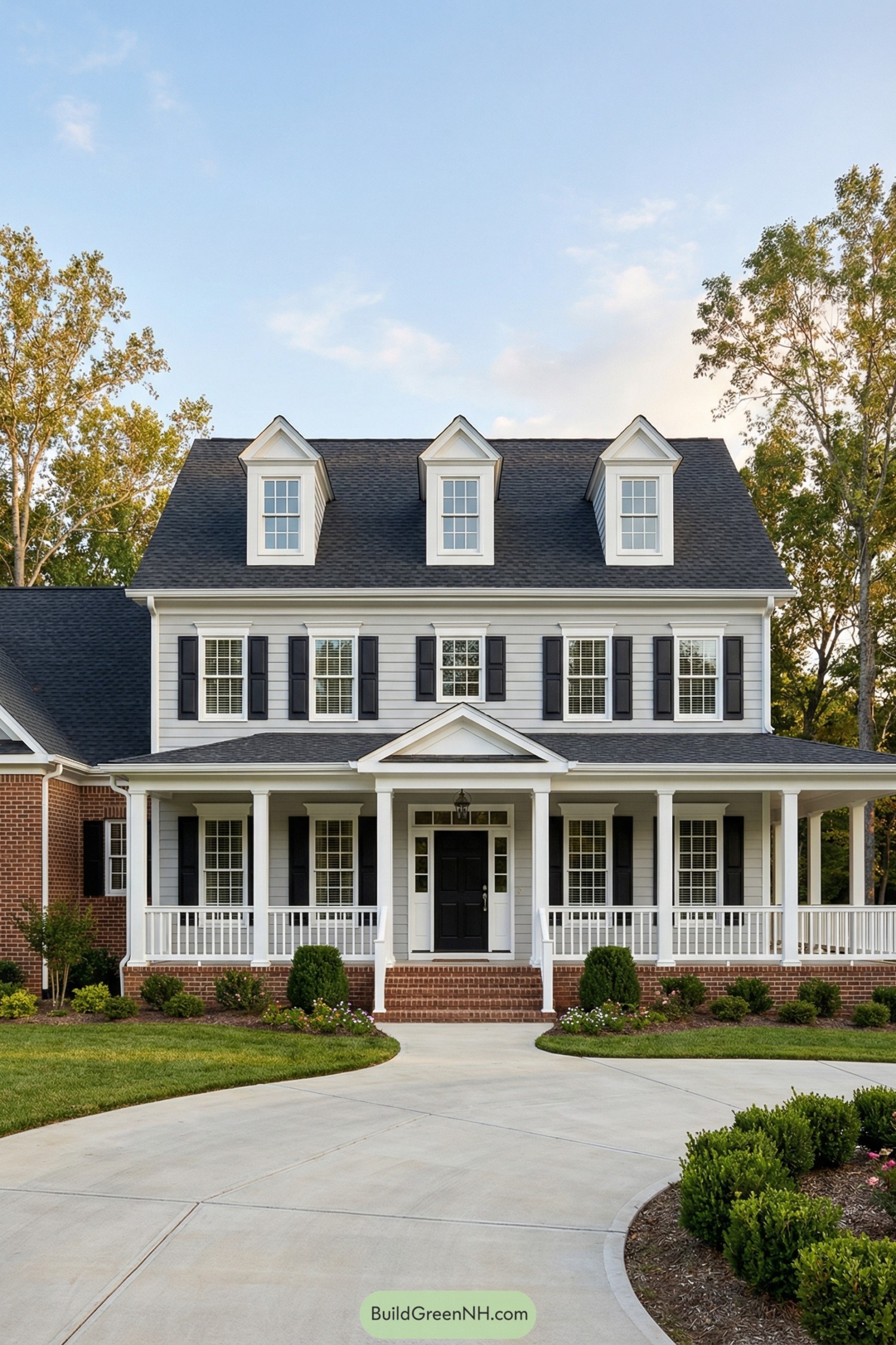 Two story gray colonial house with white trim black shutters and a wide front porch