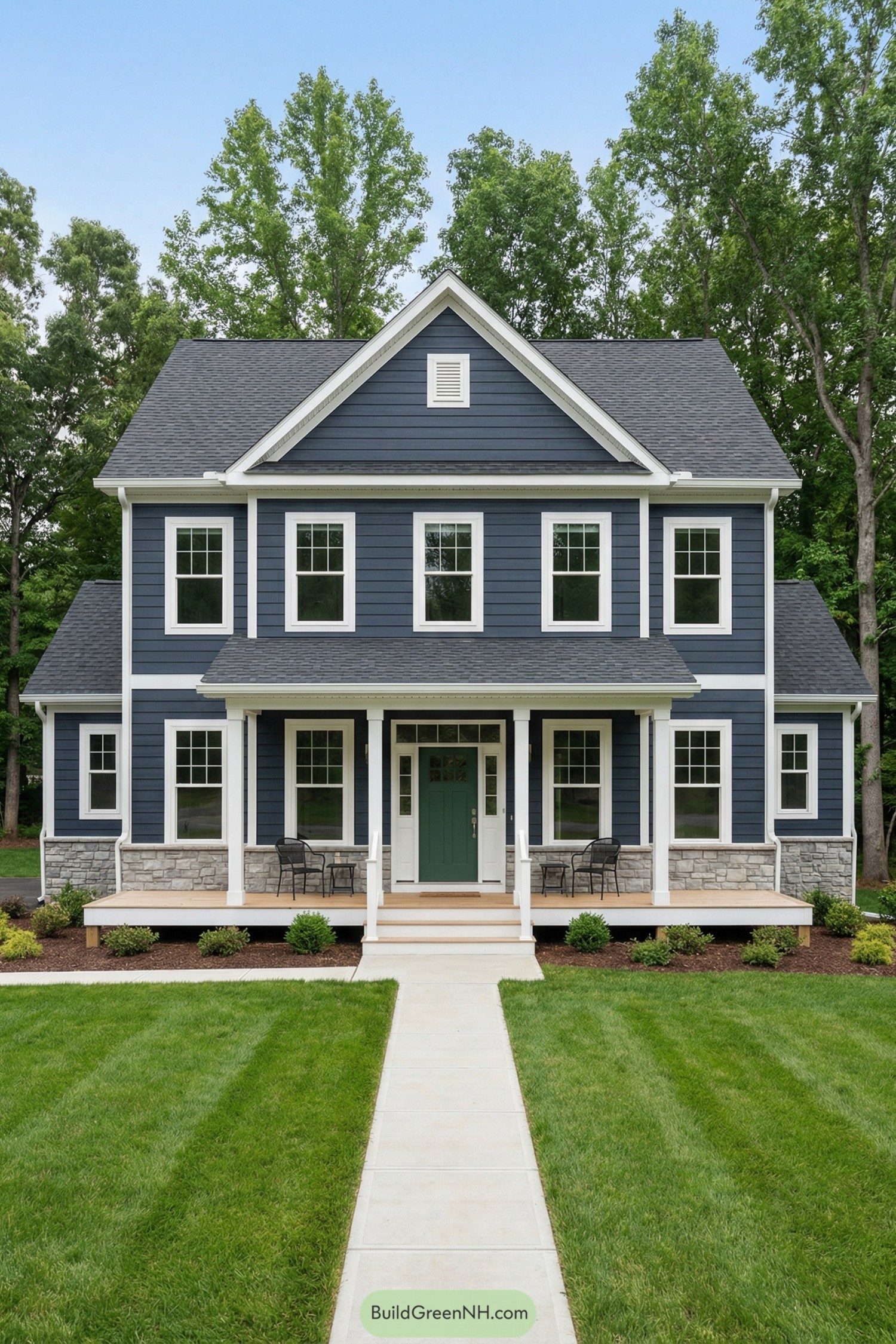 Navy blue colonial home with white trim, stone base, and teal front door viewed from a front lawn