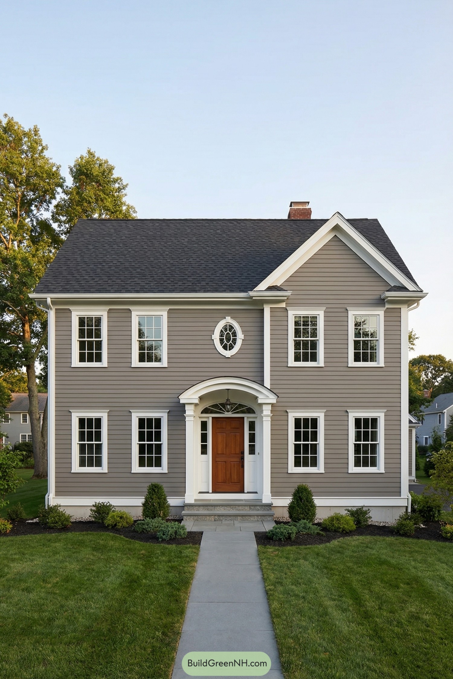 Gray colonial house with white trim and wood front door