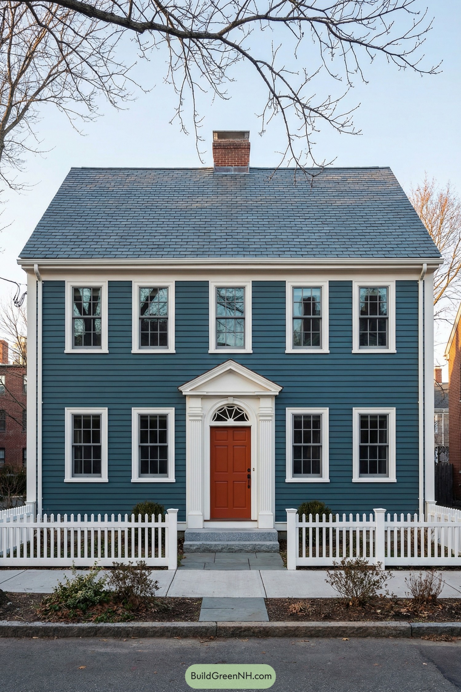 Blue clapboard colonial house with white trim and orange front door