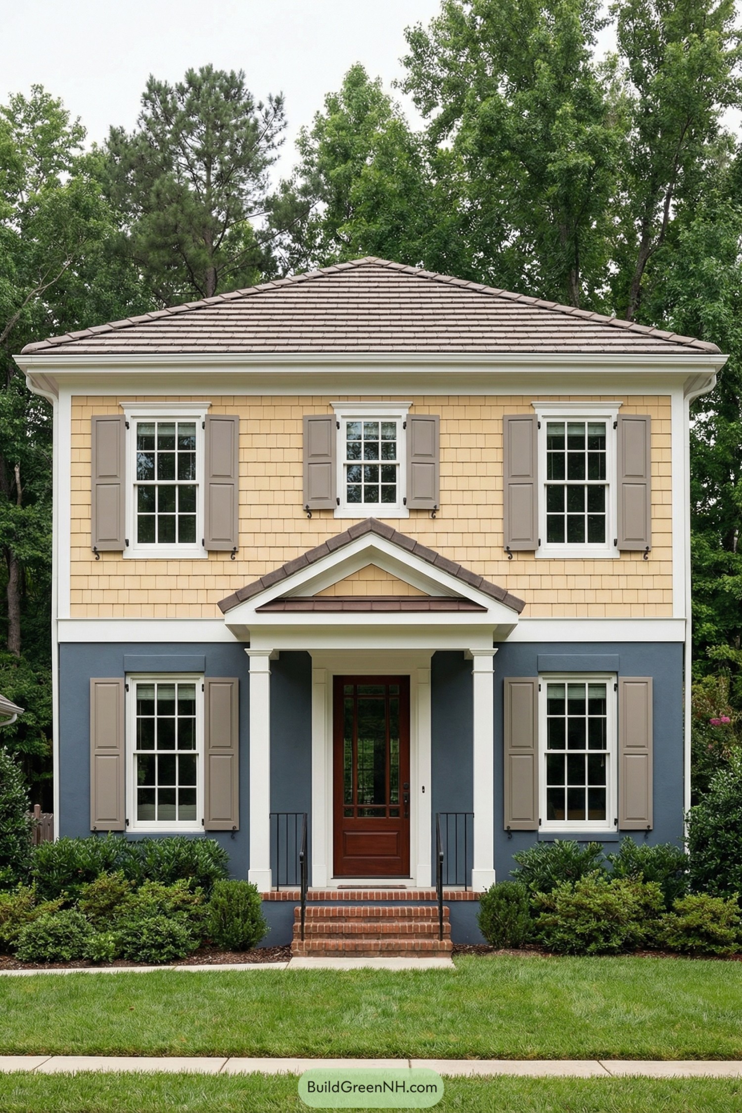 Two story colonial home with yellow shingle upper level, deep blue lower level, taupe shutters, and a brick stoop leading to a wood front door. Symmetrical front facade framed by simple white trim and surrounded by low green landscaping