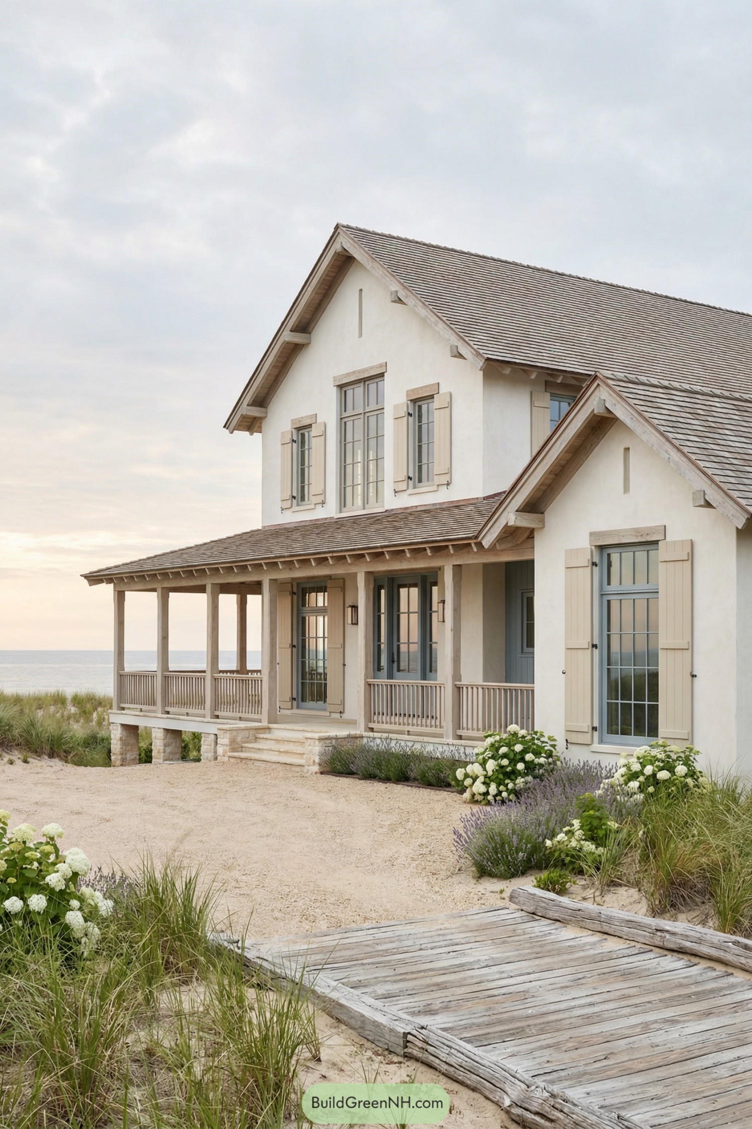 Two-story coastal house with light wood accents and wraparound porch facing the beach