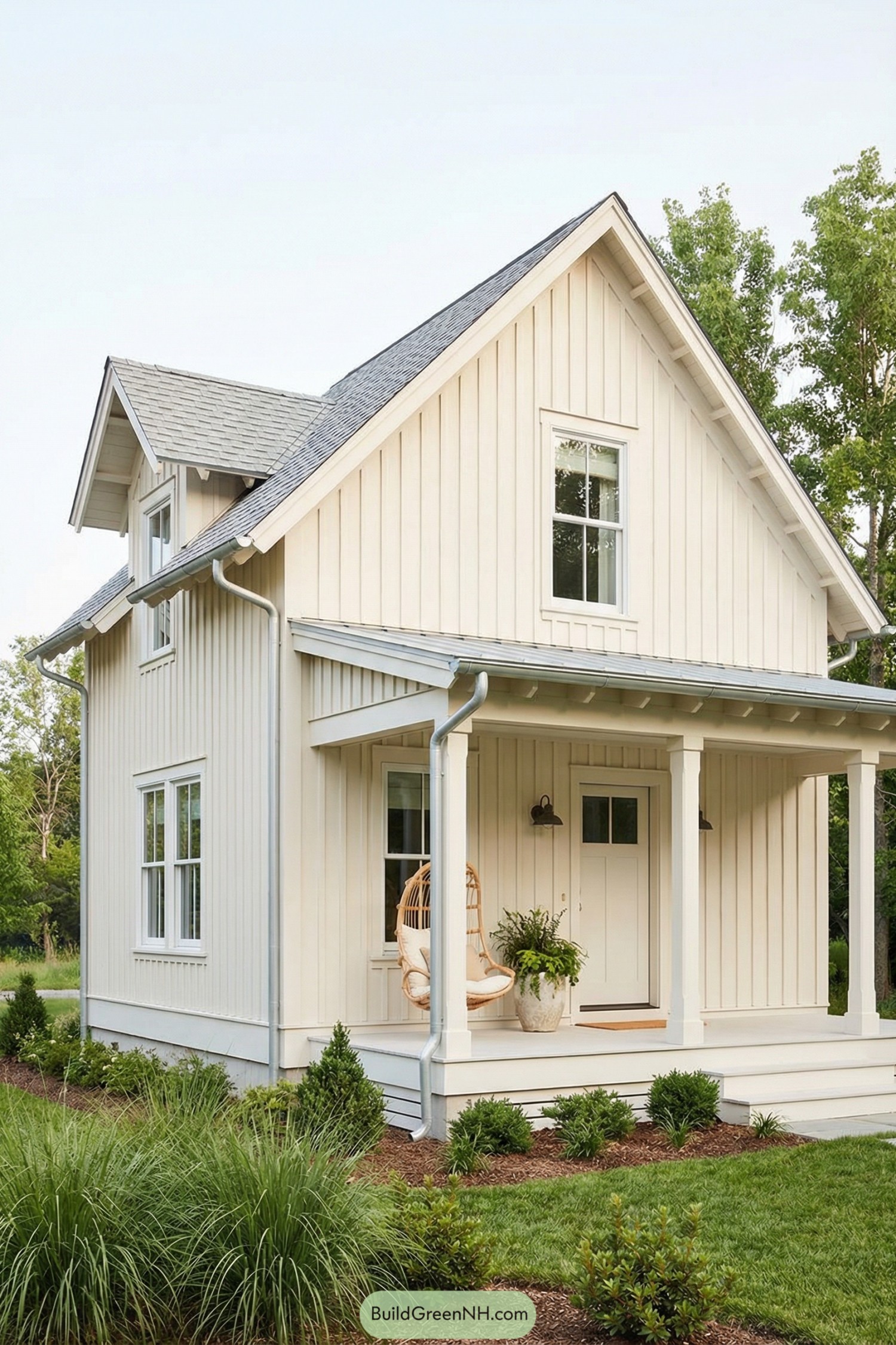 Light cream cottage with gabled roof and small front porch swing surrounded by simple landscaping