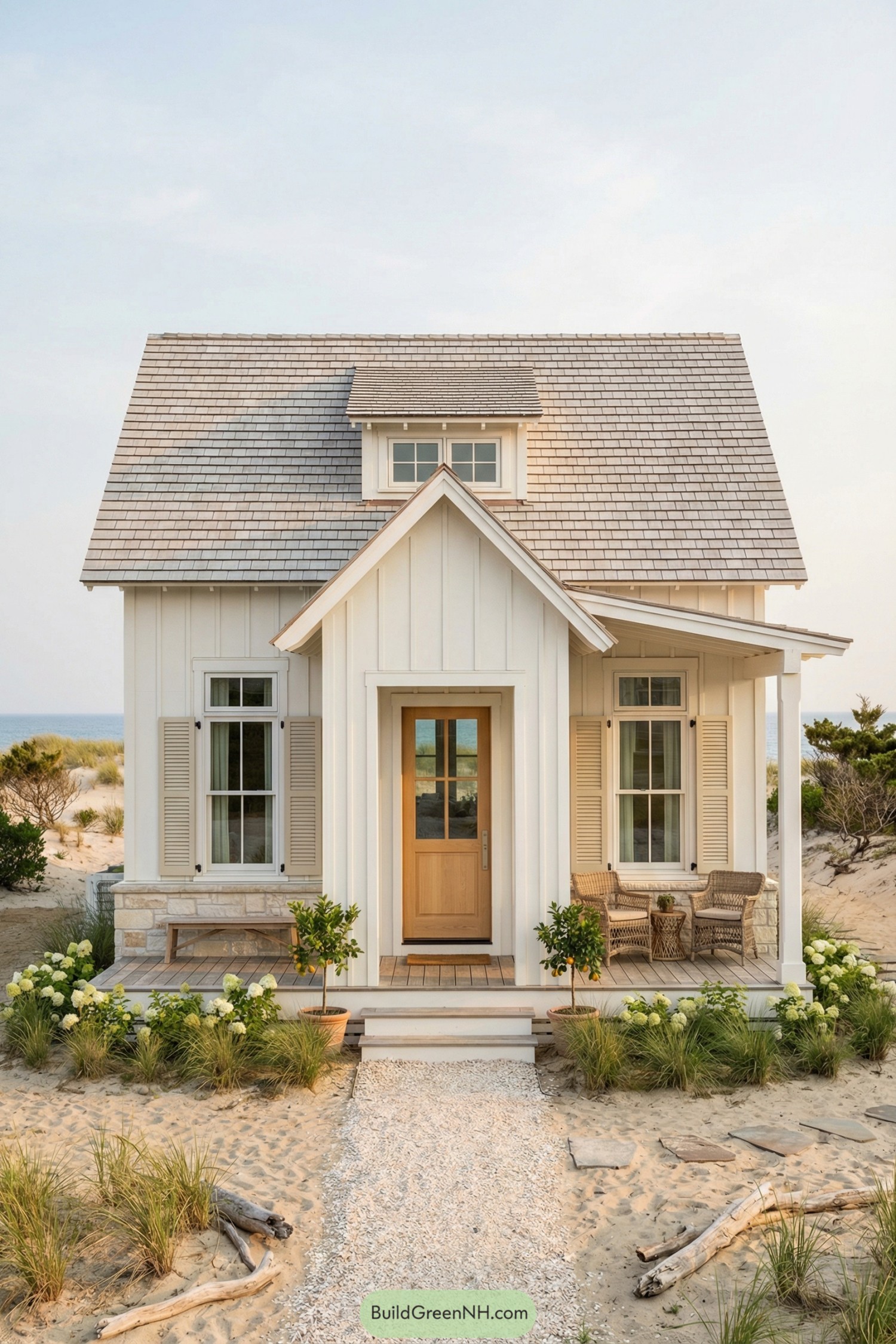 Small white beach cottage with shingle roof and front porch seating on a sandy path