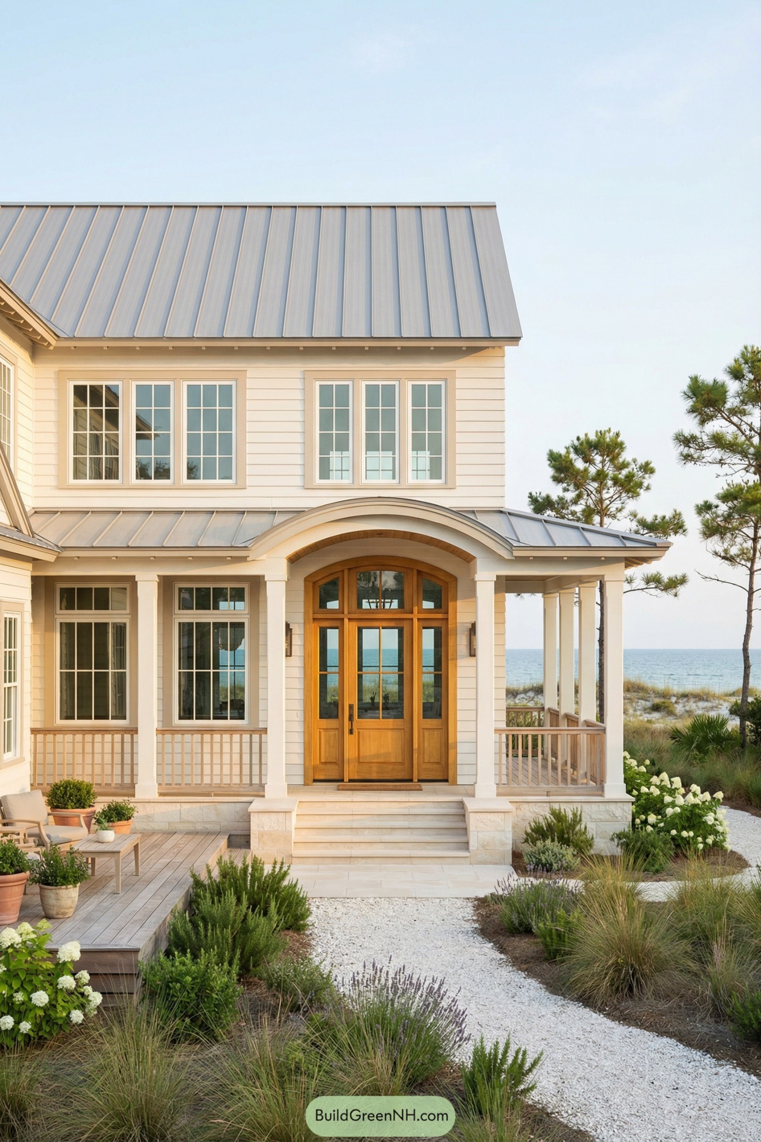 Light coastal house with arched wood doorway and wraparound porch facing the ocean