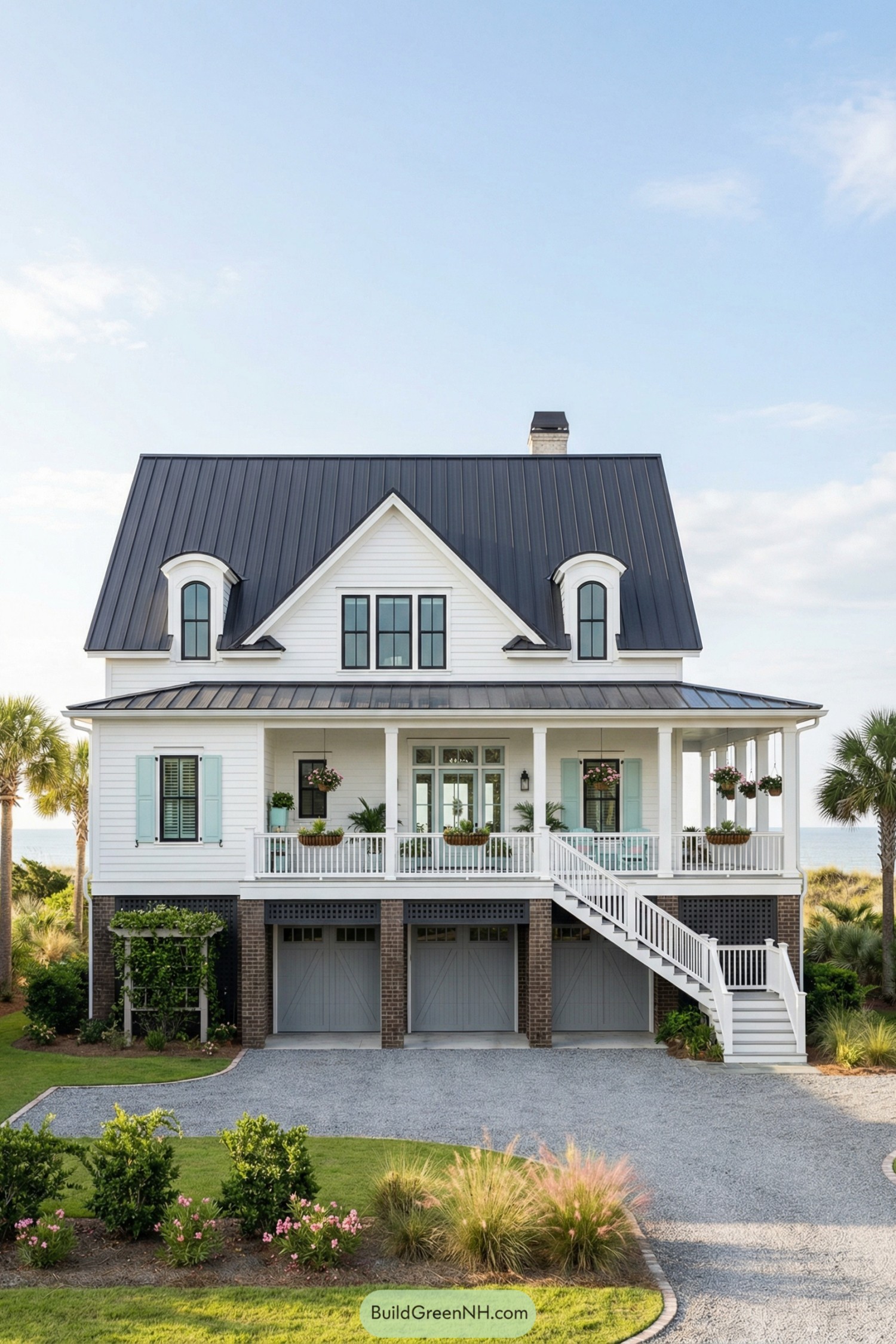 Elevated white beach house with metal roof