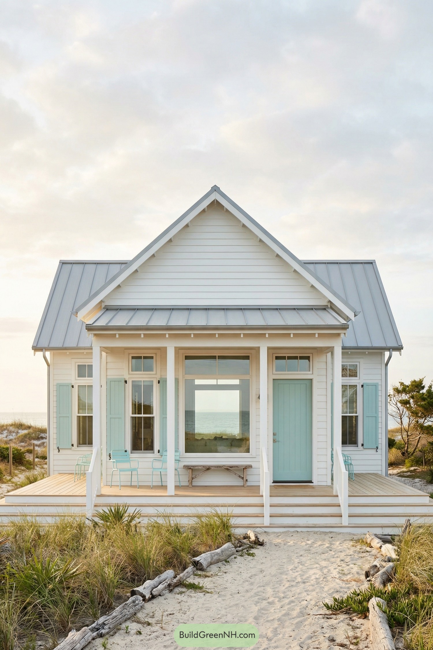 Small white beachfront cottage with mint doors and shutters