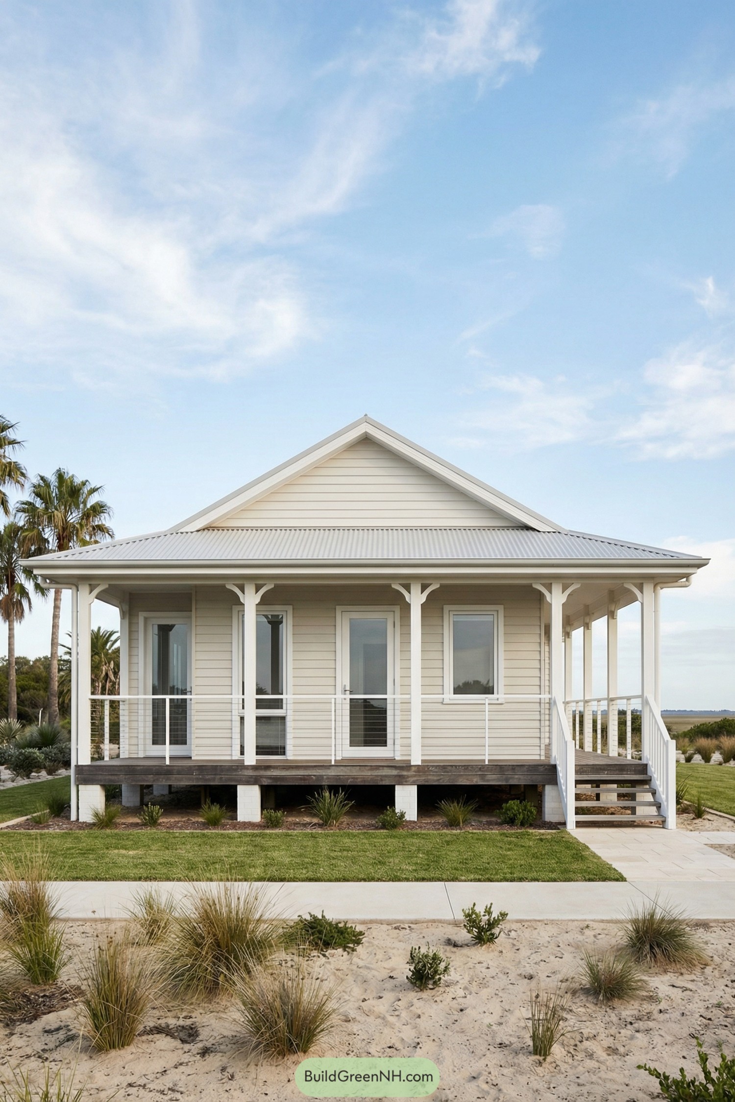 Cream-colored beach cottage with metal roof and full wraparound porch