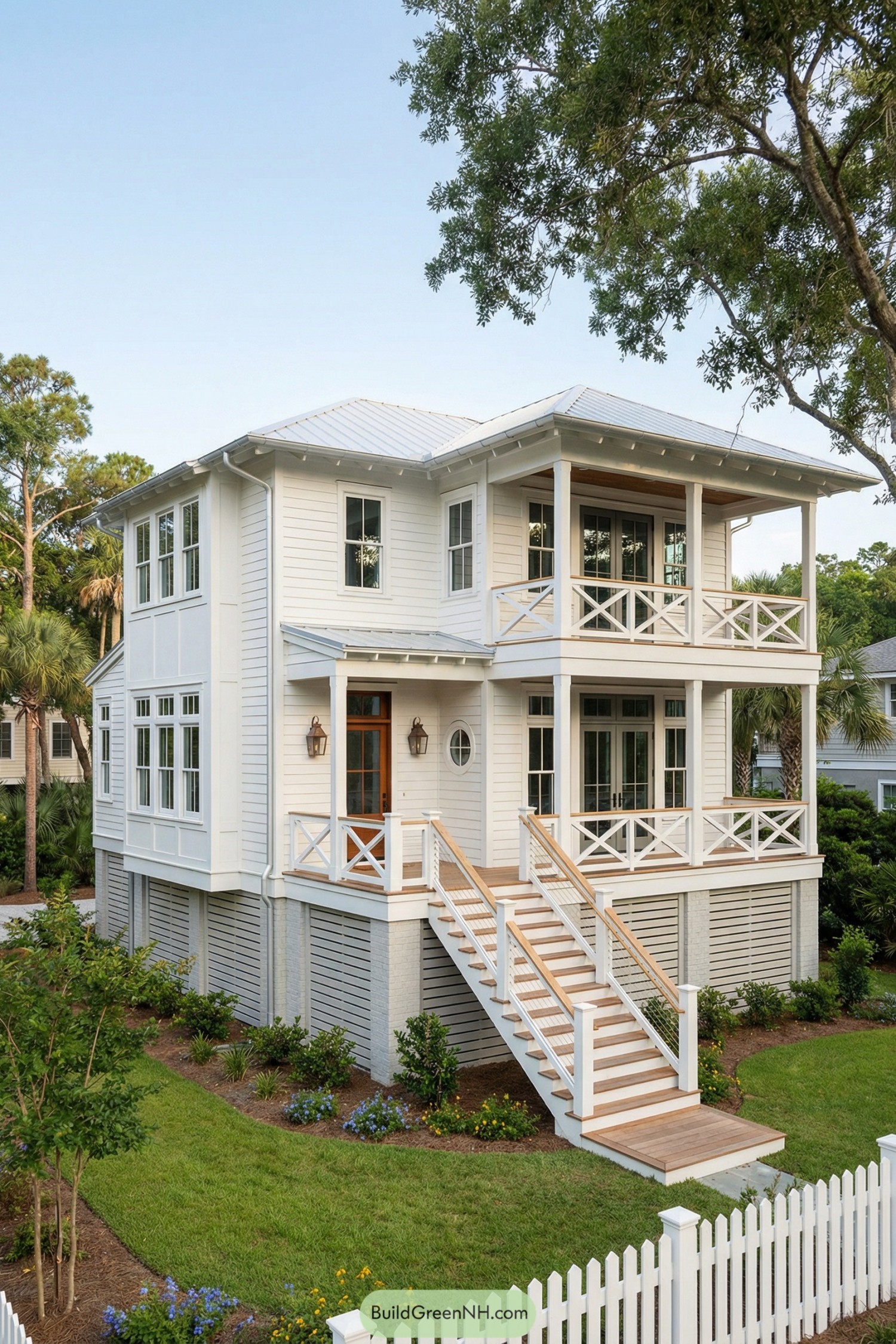 White two story stilted beach house with double porches and front stairway
