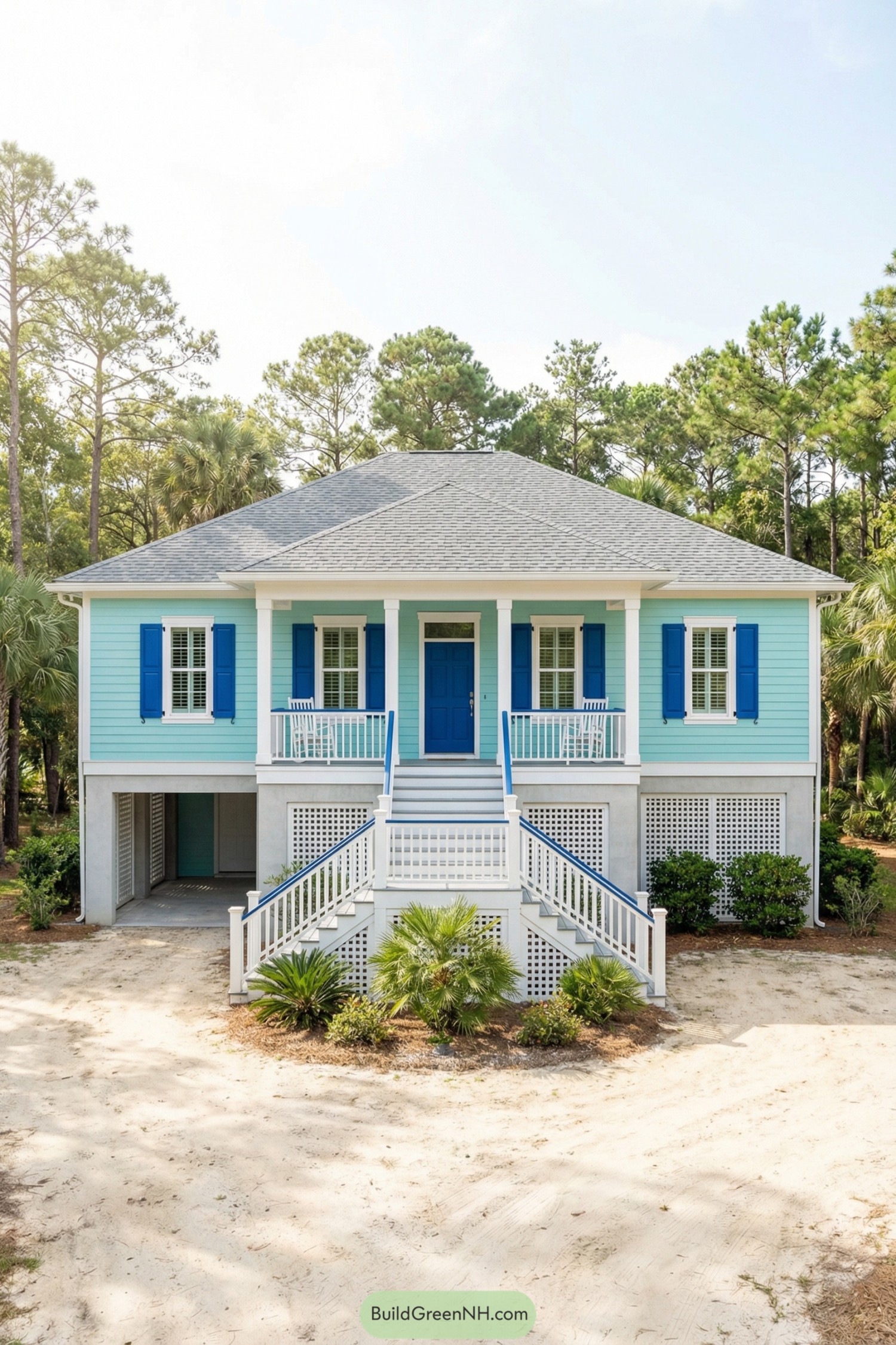 Elevated mint-blue beach house with wide front stairs, blue shutters, and front porch surrounded by trees