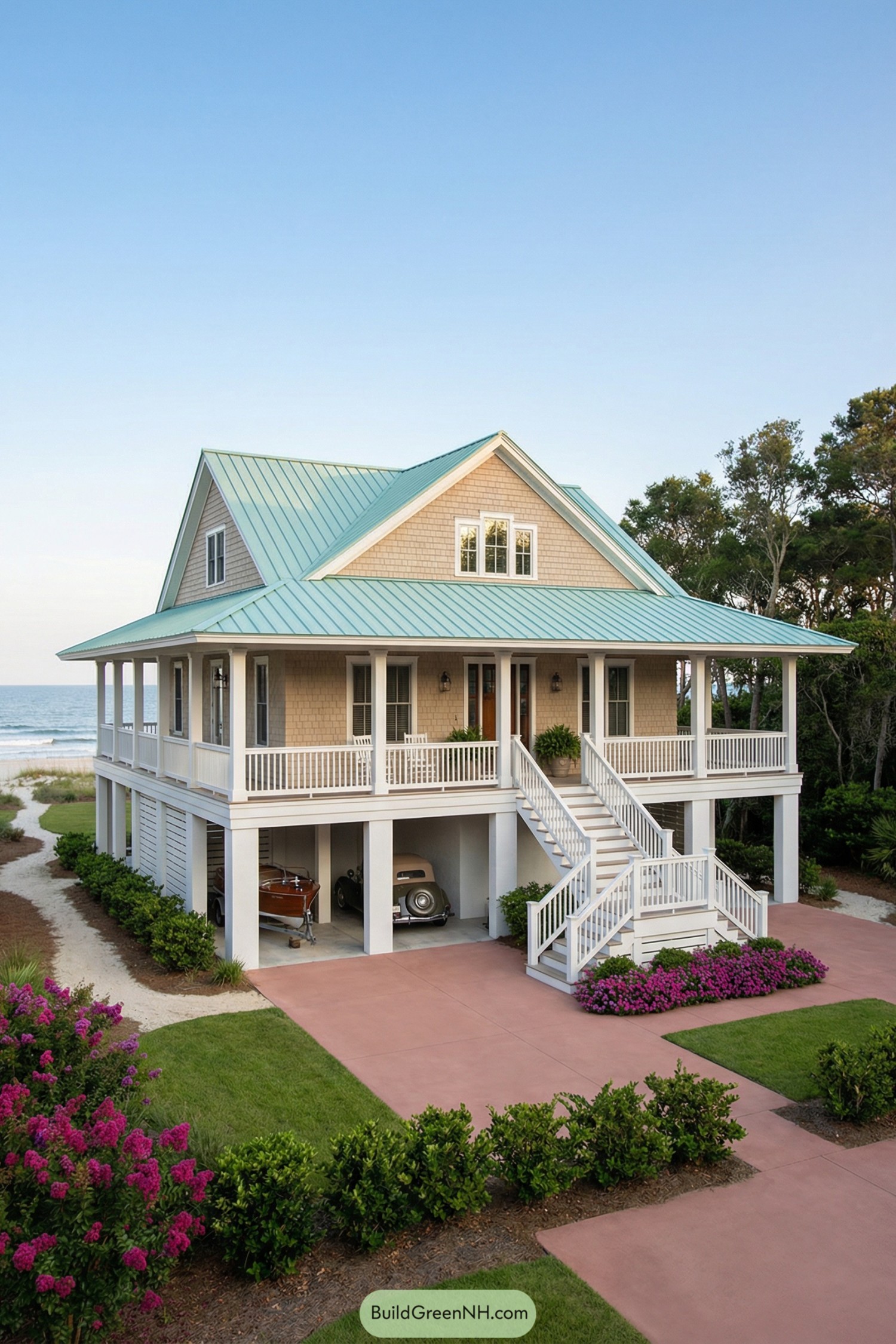 Elevated beach house with wraparound porch and mint metal roof