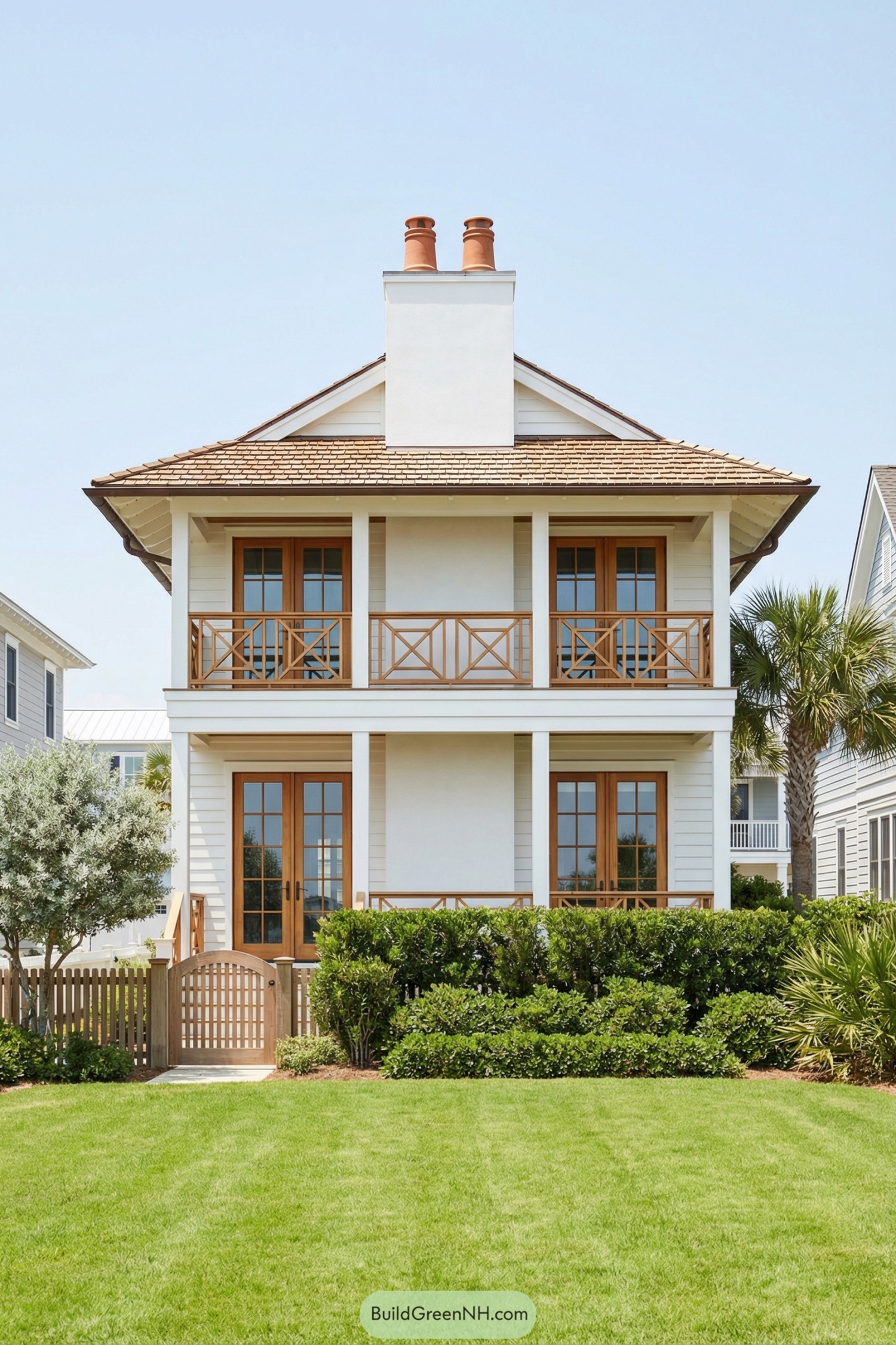 Two-story white beach house with wood balconies and French doors facing a manicured front yard. Symmetrical facade with central chimney and shingled hip roof
