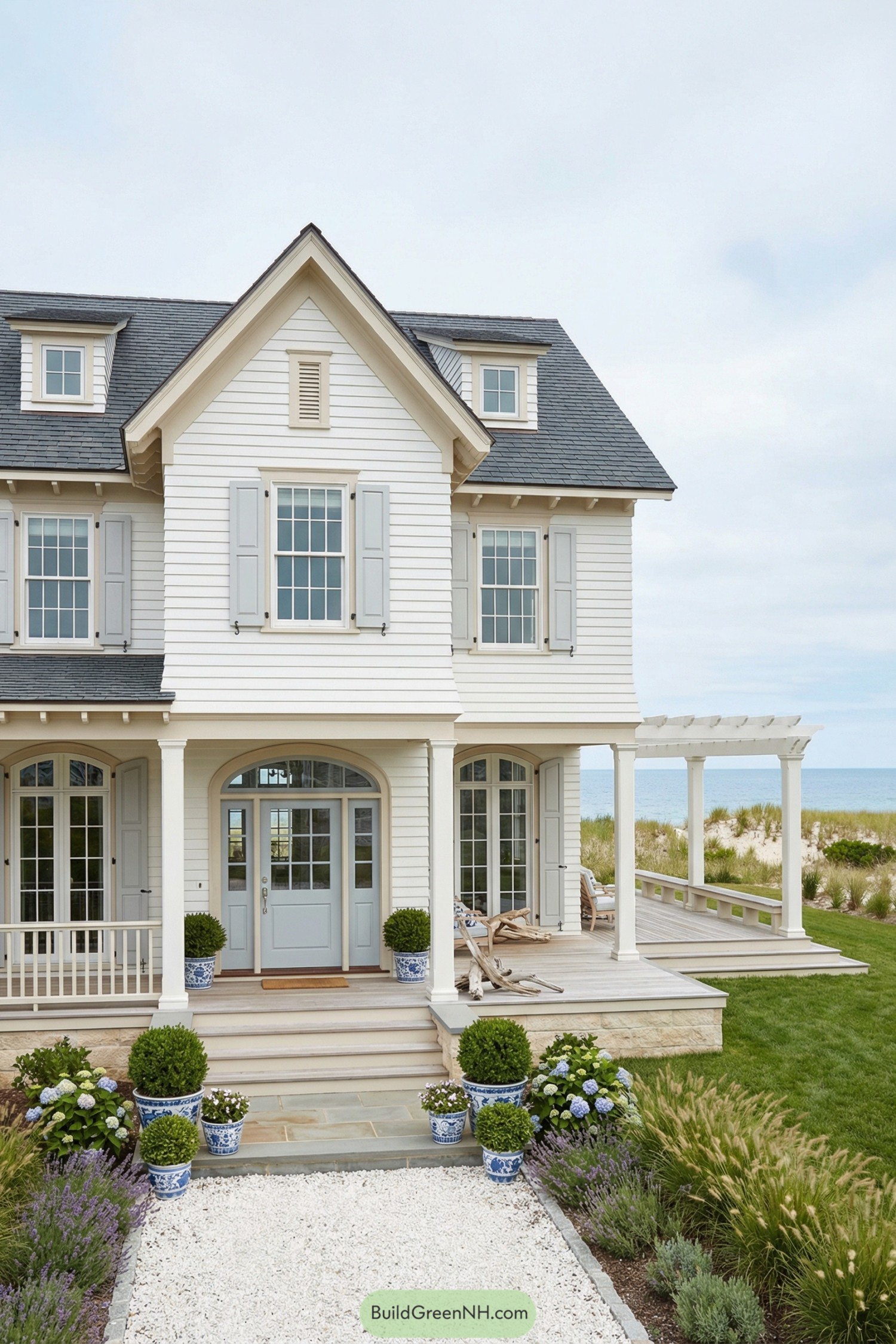 White coastal house with wraparound porch and pergola by the sea