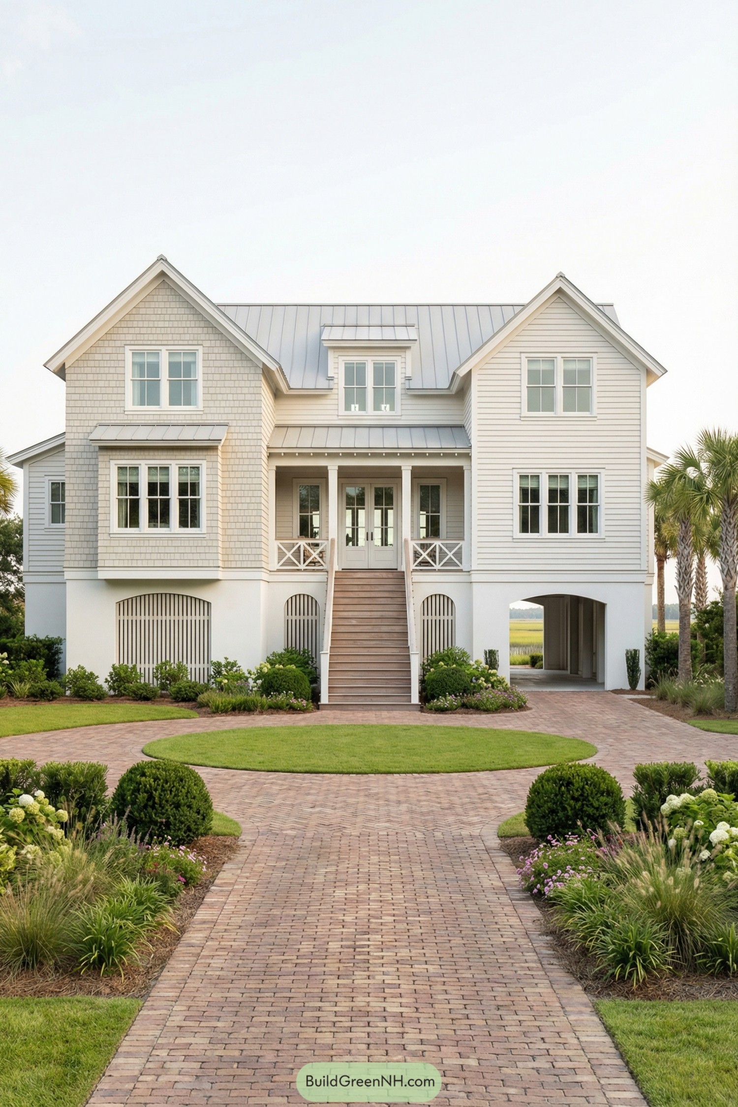 White coastal beach house with raised entry and brick path