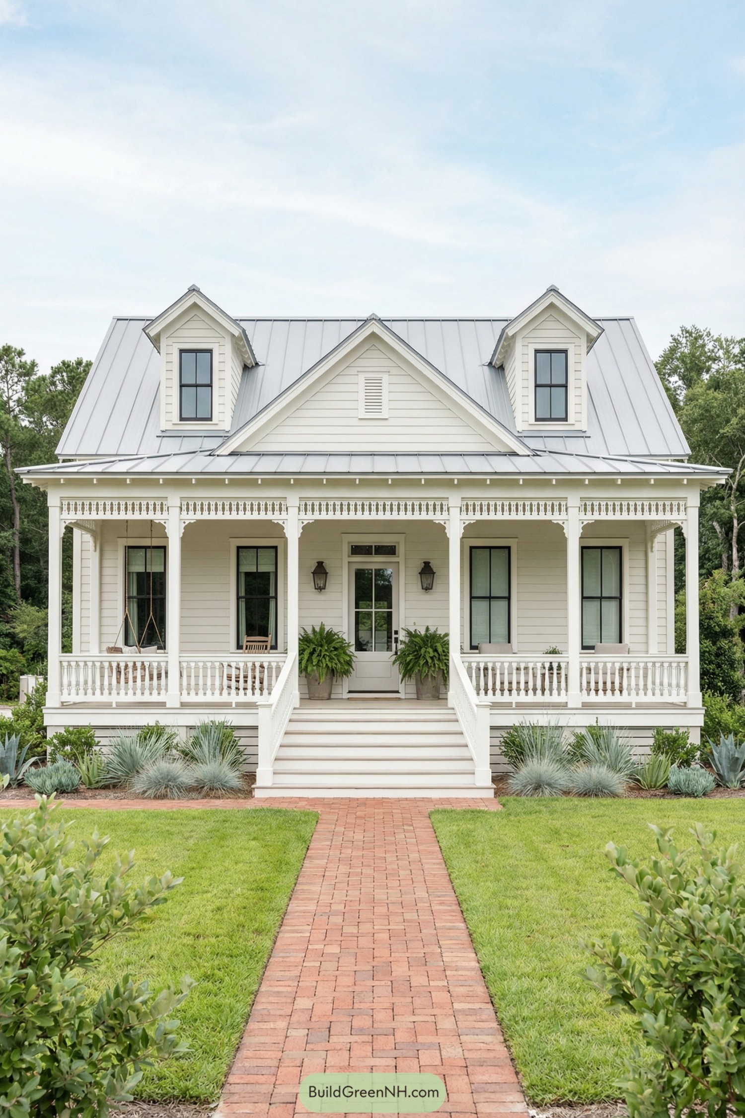 White country cottage with deep front porch and dormer windows