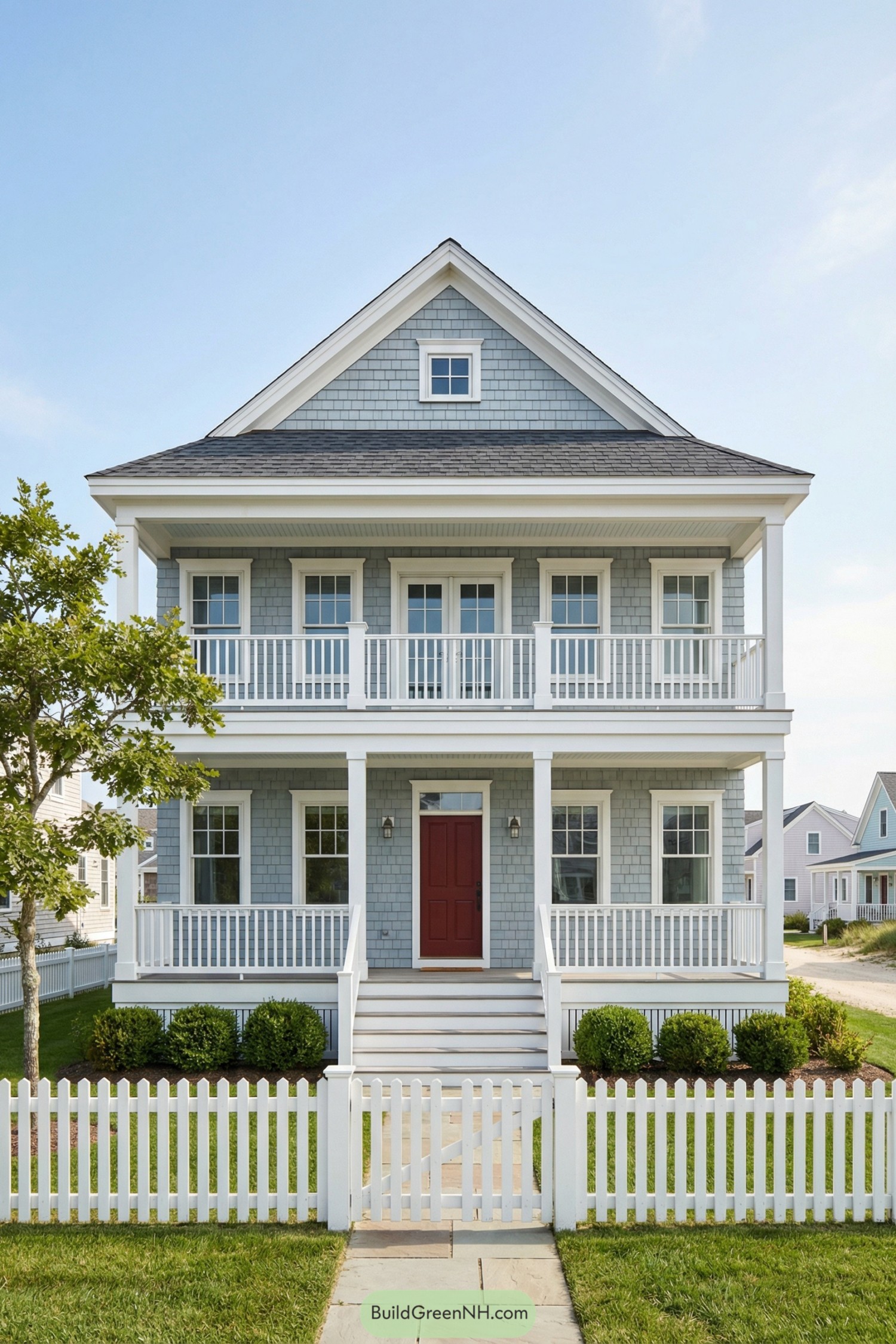 high-res photo of country beach house, symmetrical coastal-style facade with full-width front porch and upper balcony, light blue-gray shingle siding with crisp white trim, rectangular two-story volume with front-facing gable roof and small attic level, painted wood cladding and balustrades with smooth rendered foundation, medium-pitch asphalt shingle gable roof in dark gray, evenly spaced white-framed double-hung windows with divided lights and one central upper balcony French door, single solid front door in deep red with simple molding and white surround, wide front steps with white railings leading to covered porch supported by square white columns and detailed porch ceiling, white picket fence with matching gate framing the front yard and stone paver path set in grass, low manicured shrubs and neat lawn with a small tree framing the left side, neighboring beach cottages subtly visible in the background and bright blue sky above creating a clean coastal setting, single real-life photo, high-resolution, architectural photography, soft lighting, cinematic composition, strictly no collages.