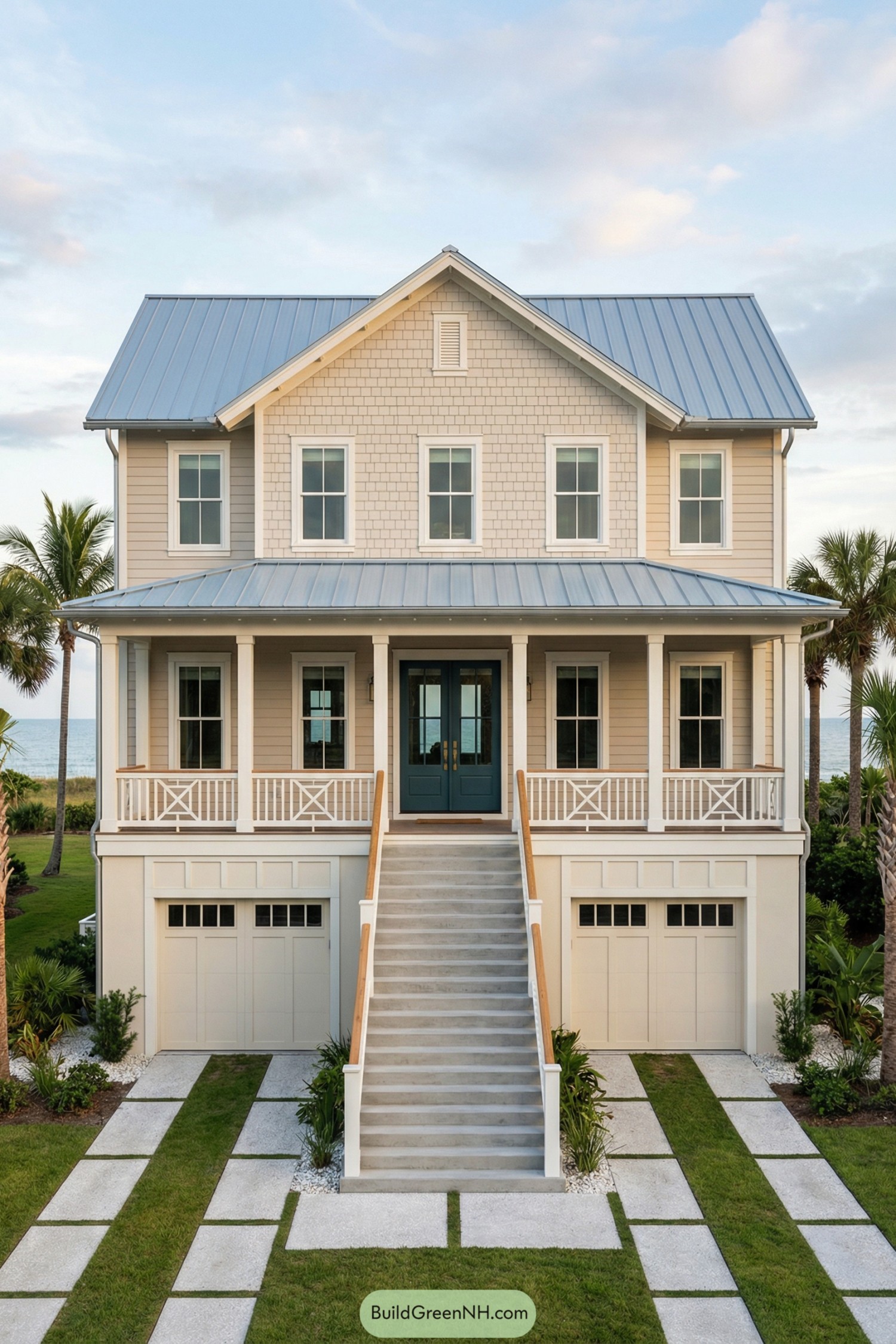 Elevated beach house with grand central staircase and wraparound porch