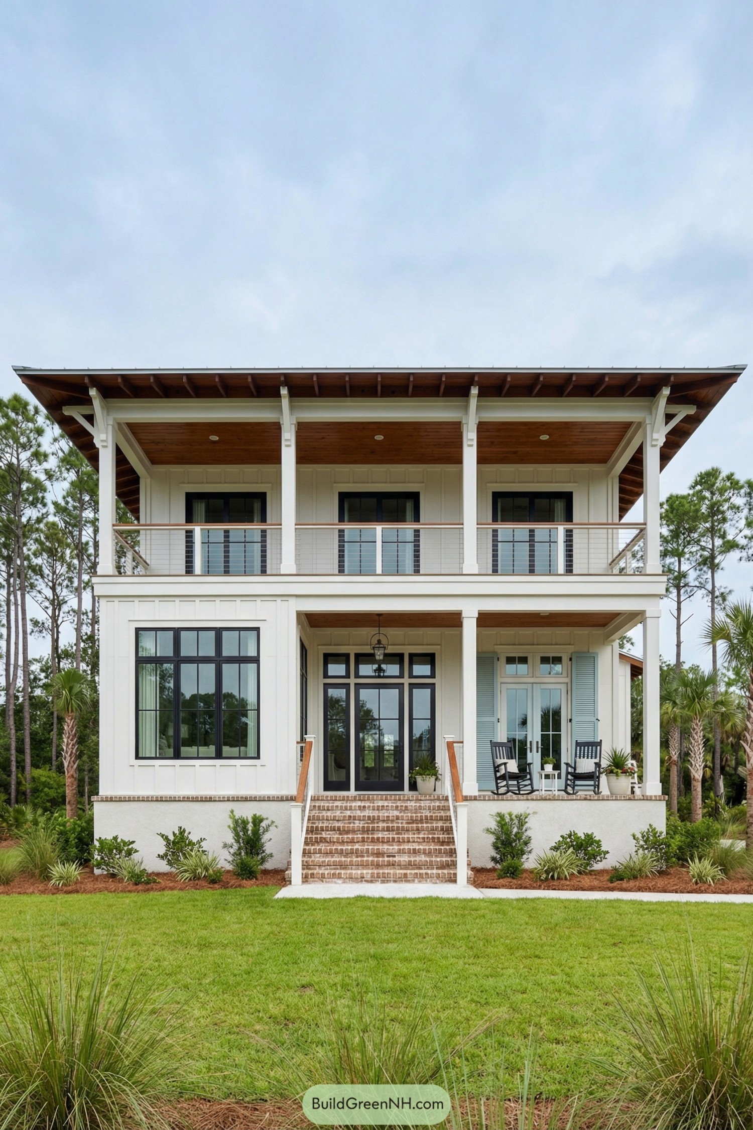 Two-story white coastal house with double porches and wide central brick steps