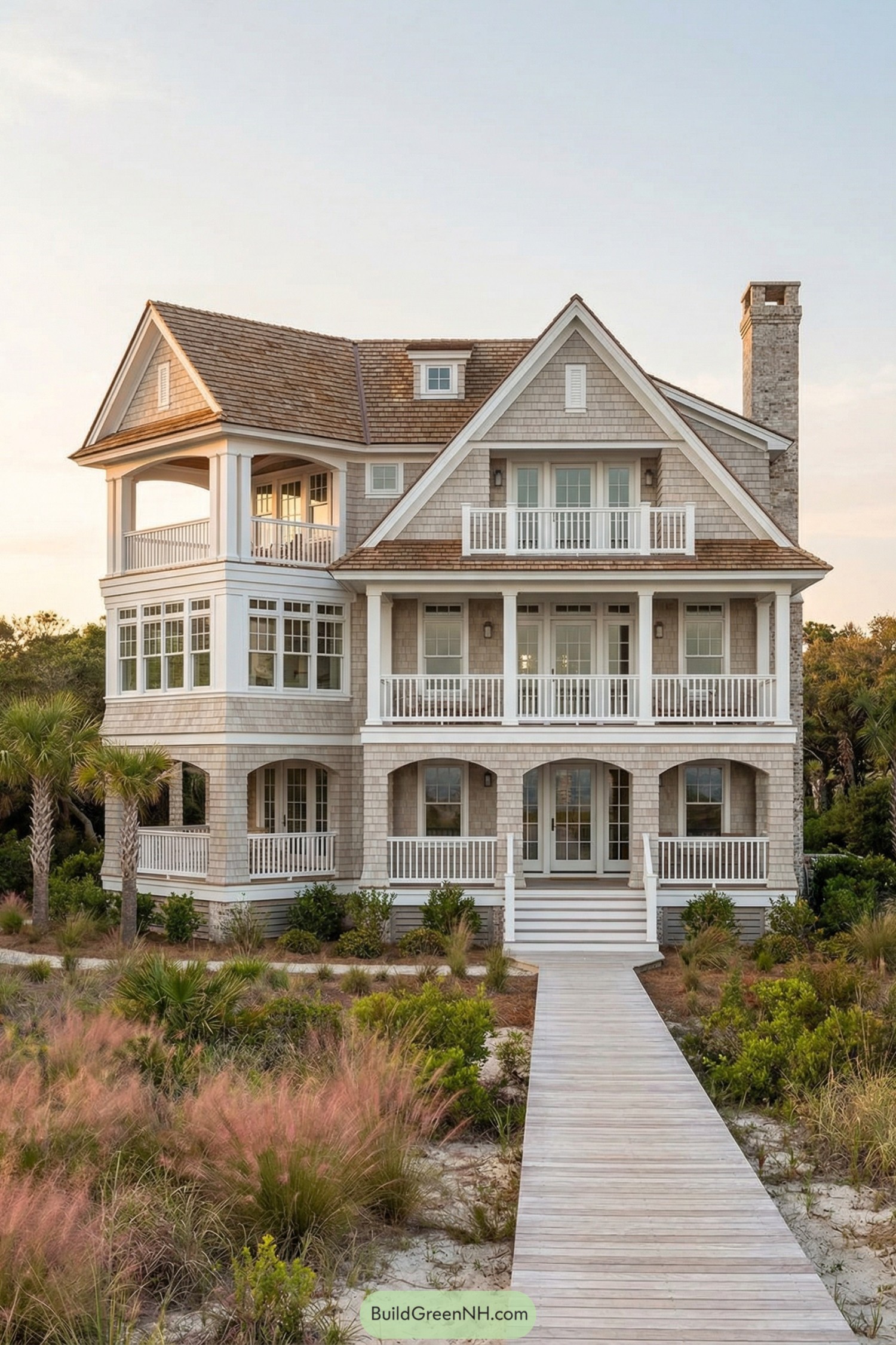 Three story shingle beach house with wraparound porches and boardwalk entry