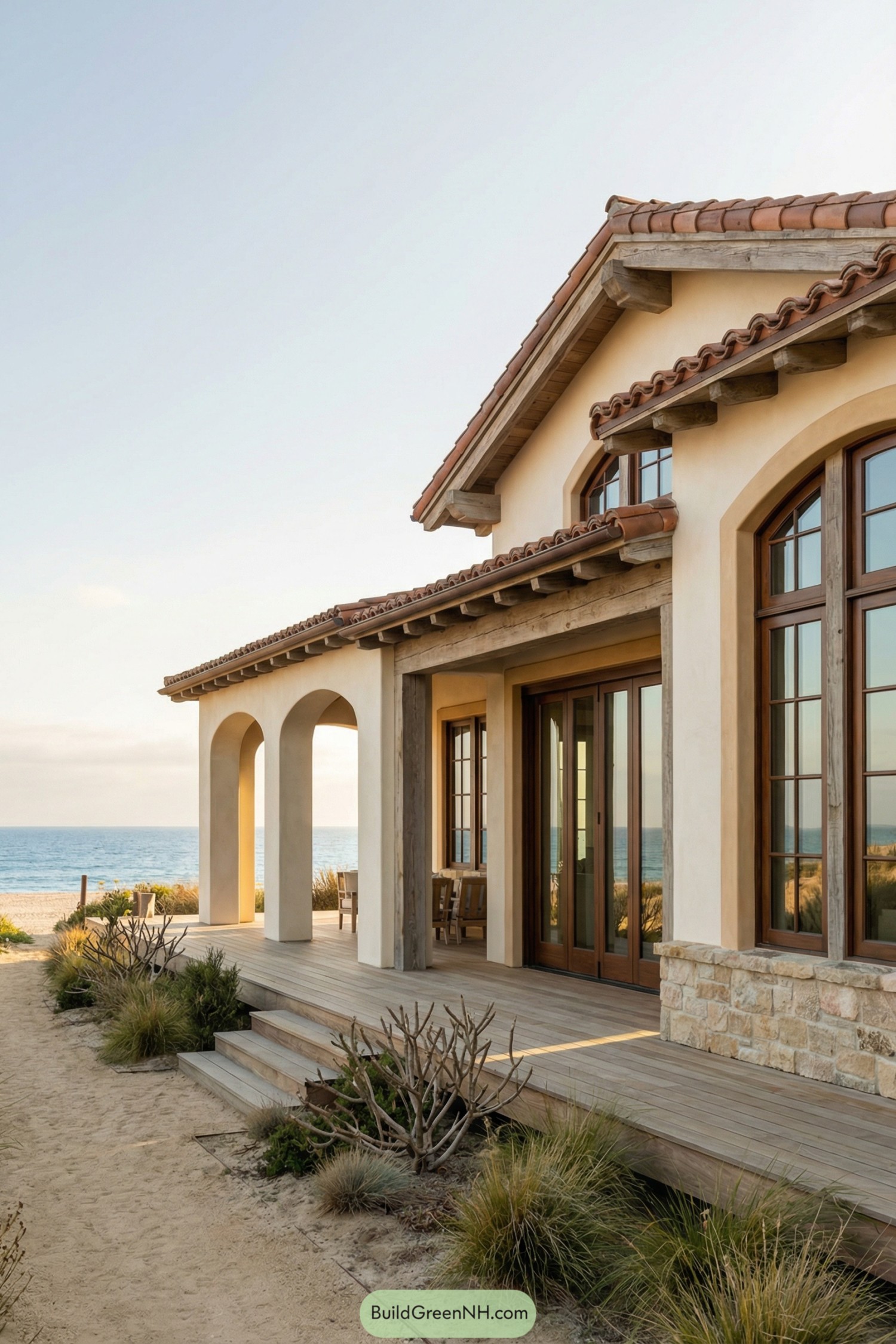 Beachfront stucco house with arched porch and terracotta roof overlooking the ocean