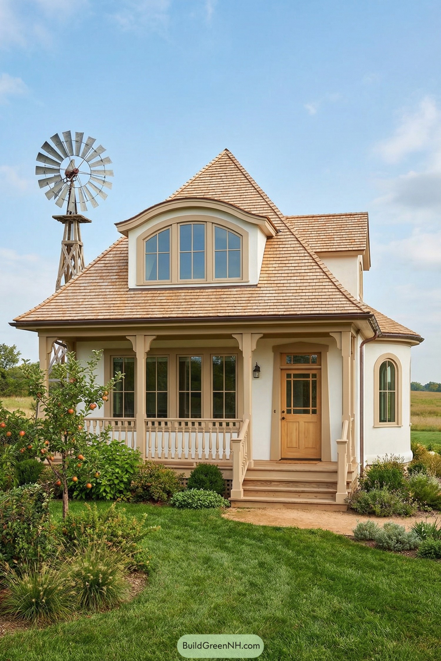 Charming cream farmhouse with curved dormer roof, wrap porch, and nearby windmill in a lush country yard