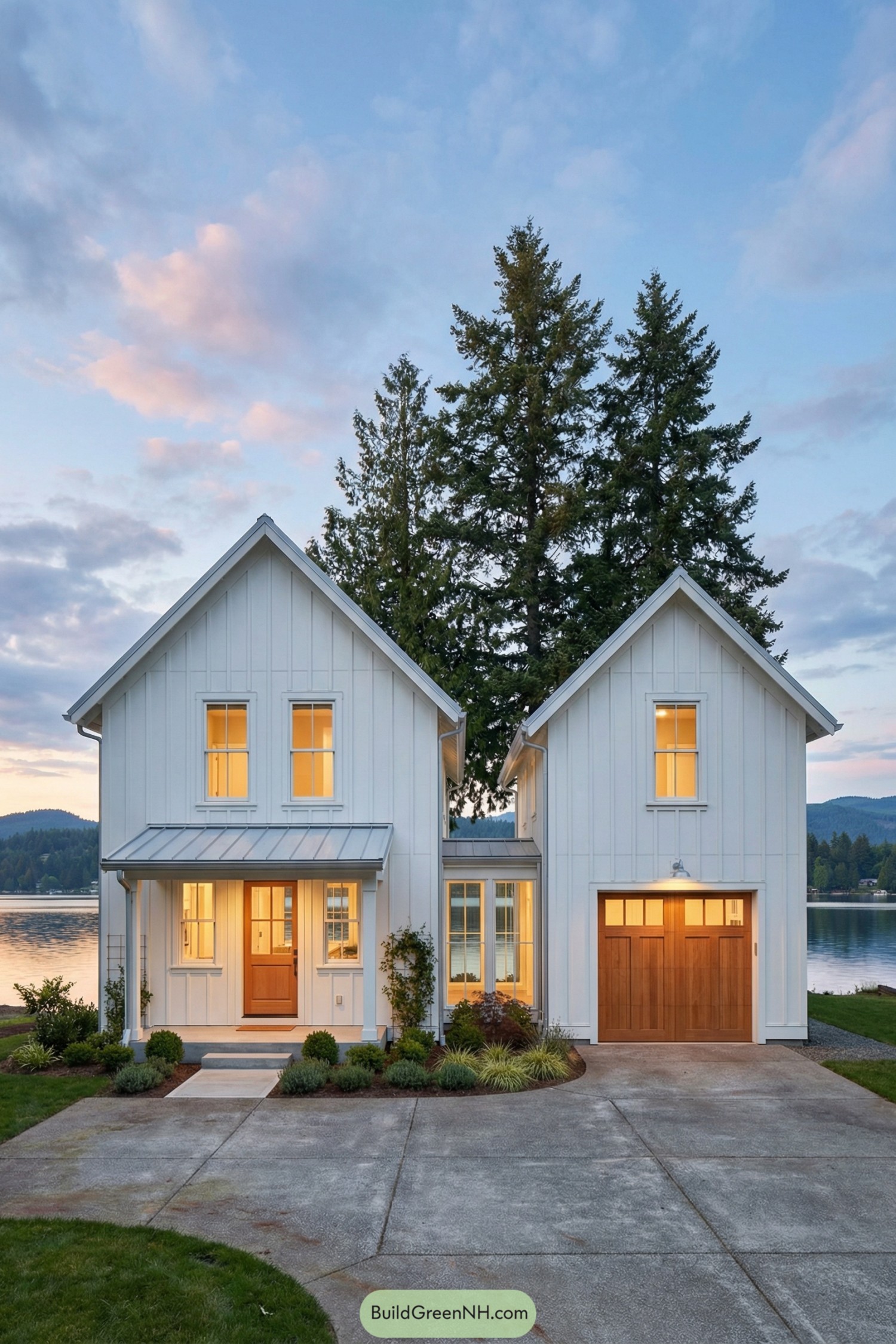 White twin-gabled lakeside cottage at dusk