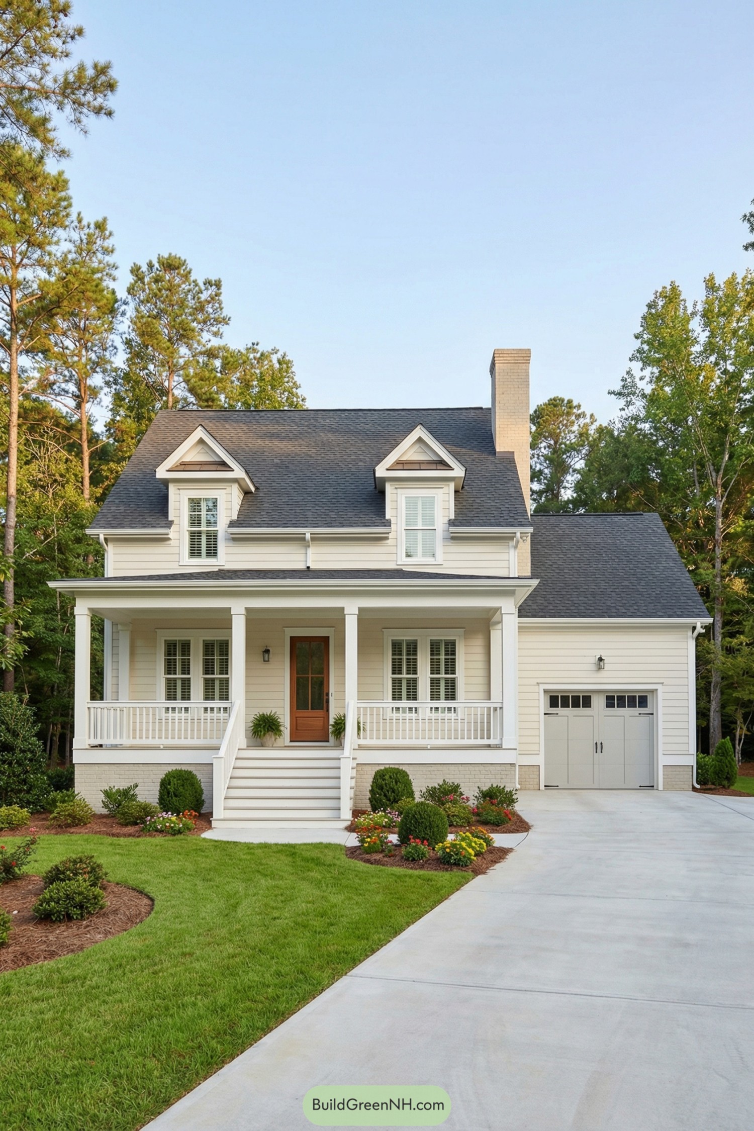 Two-story cream country house with front porch and attached garage