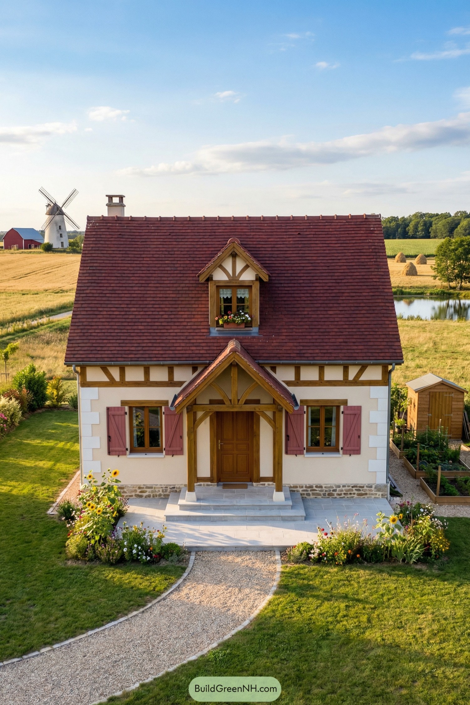 Charming small country house with red roof, pink shutters, and garden path