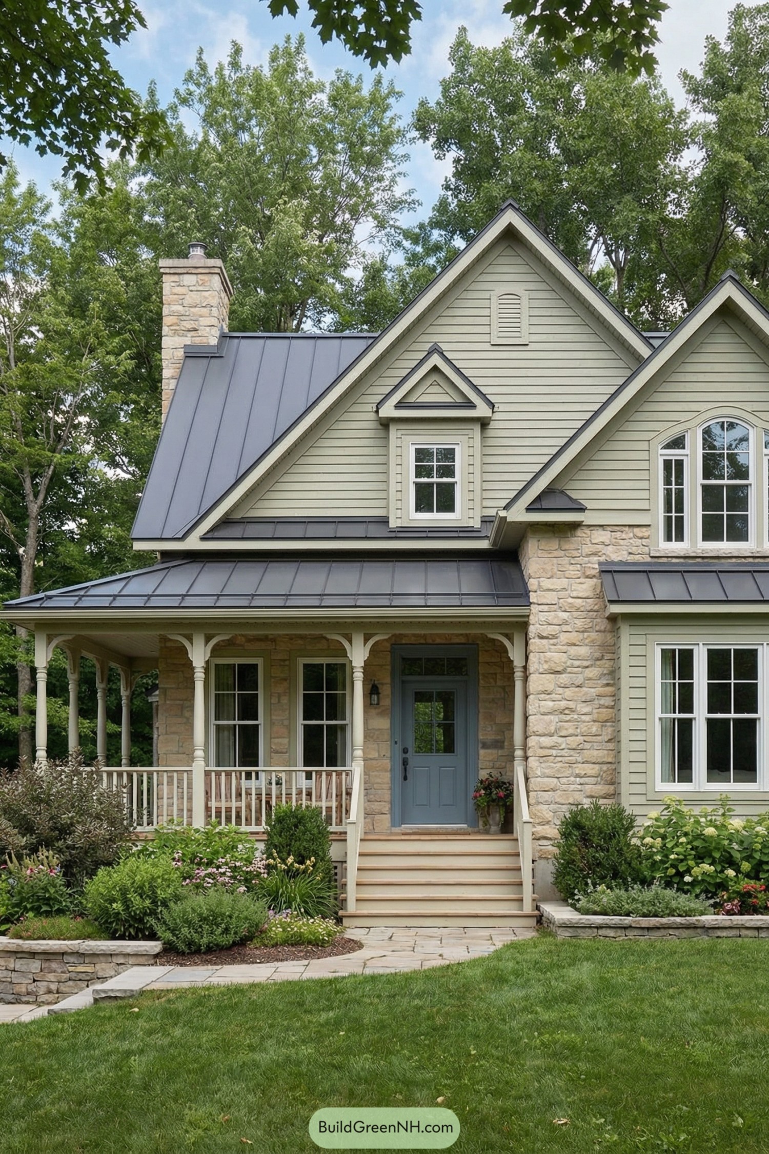 Green country house with stone porch, blue door, metal roof and lush garden