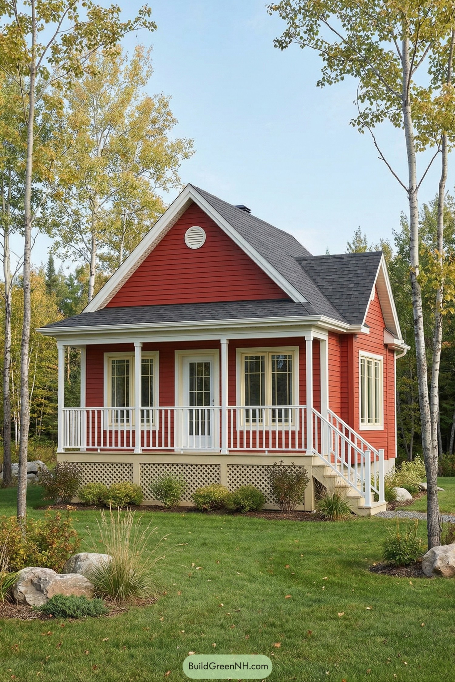 Small red cottage with white porch railings and gabled roof surrounded by trees and lawn